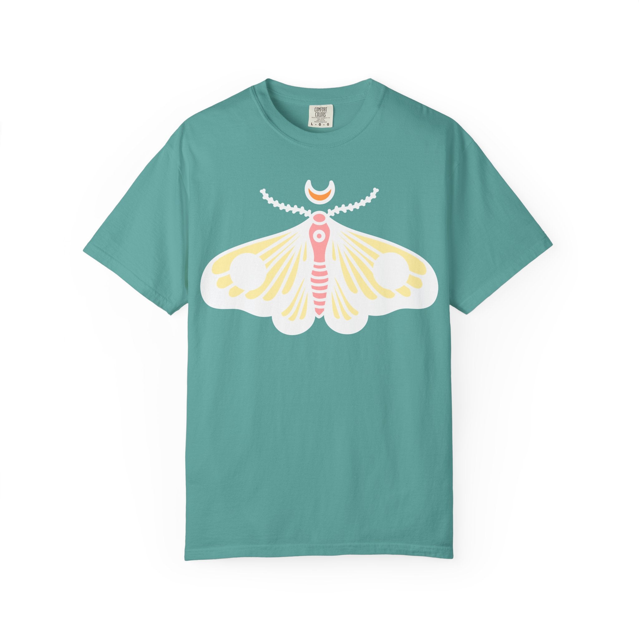 Celestial Moth T-shirt | Pink Yellow Moth with Crescent Moon