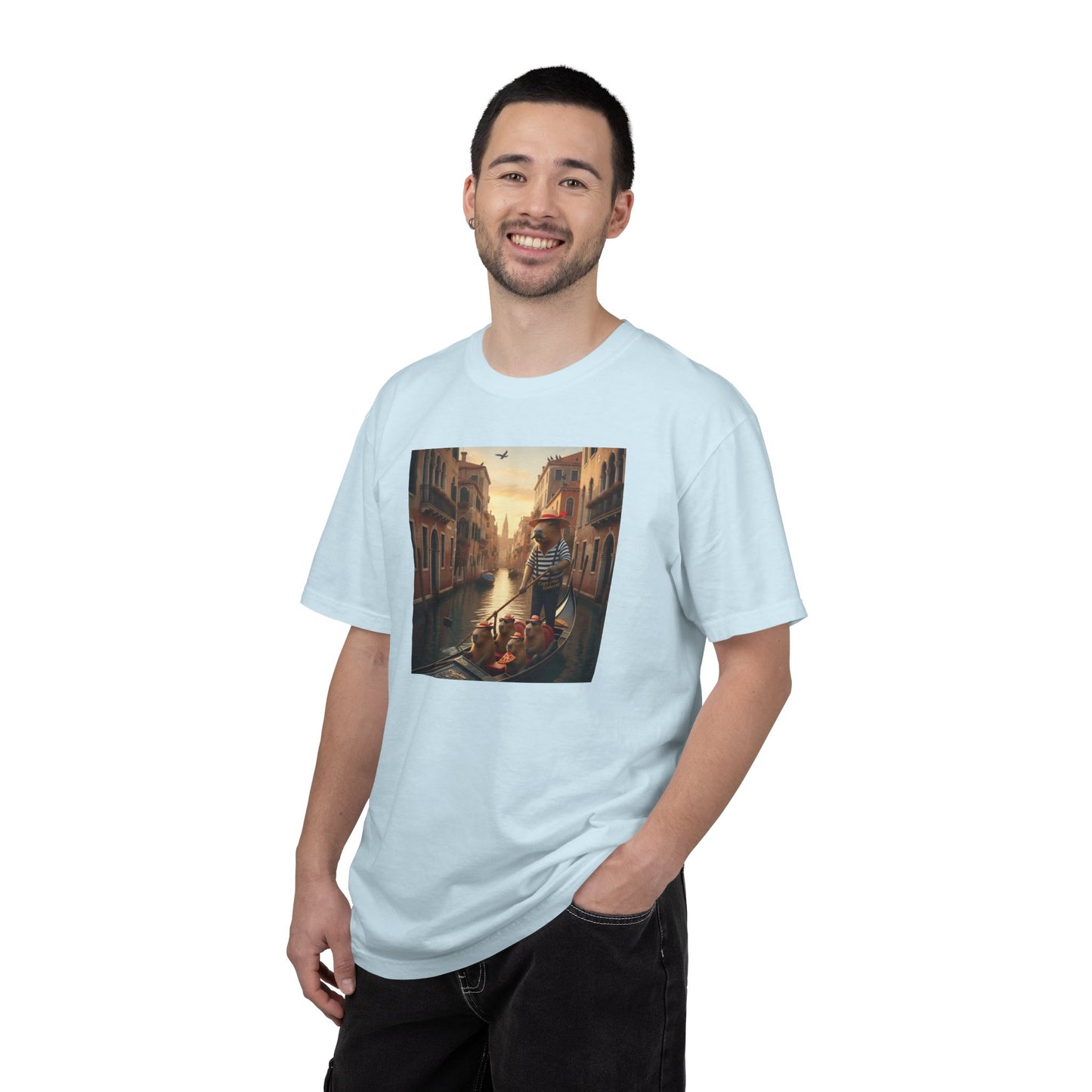 Capybara Venice Gondola Sunset T-shirt | Scenic Canal Travel Art