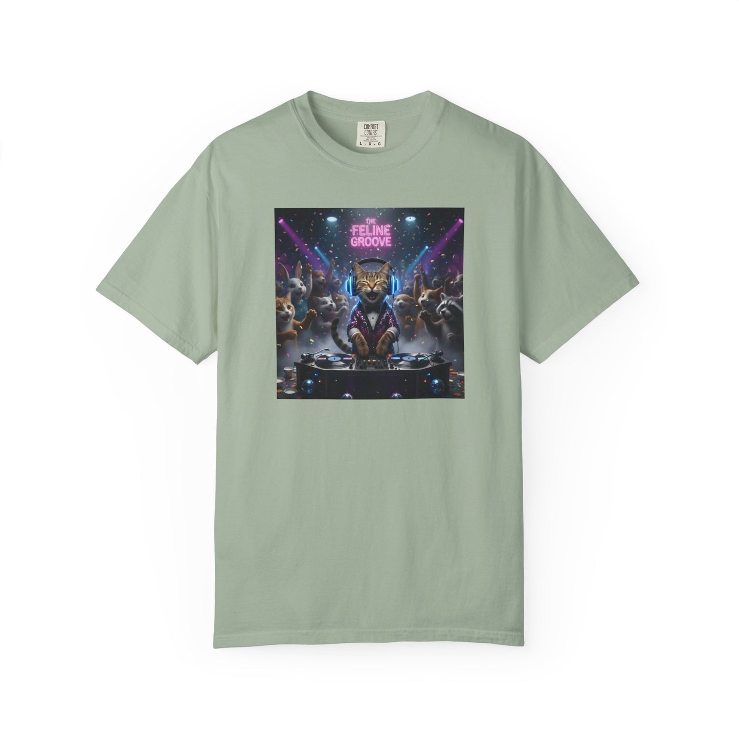 Feline Groove DJ Cat Illustration T-Shirt | Retro Neon Club Scene