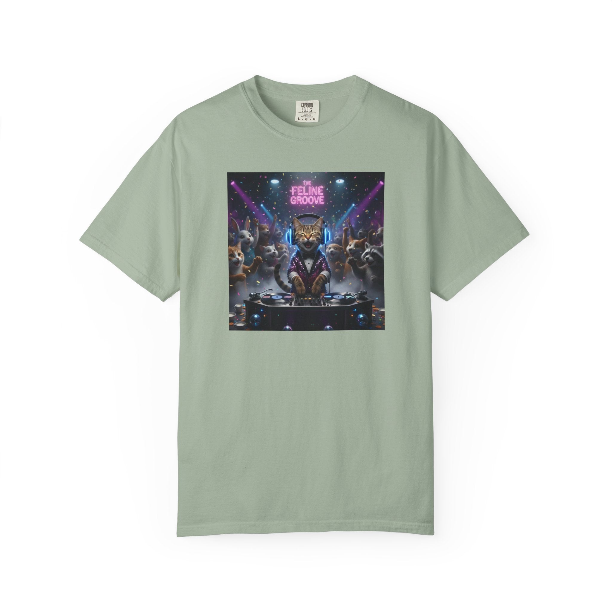 Feline Groove DJ Cat Illustration T-Shirt | Retro Neon Club Scene
