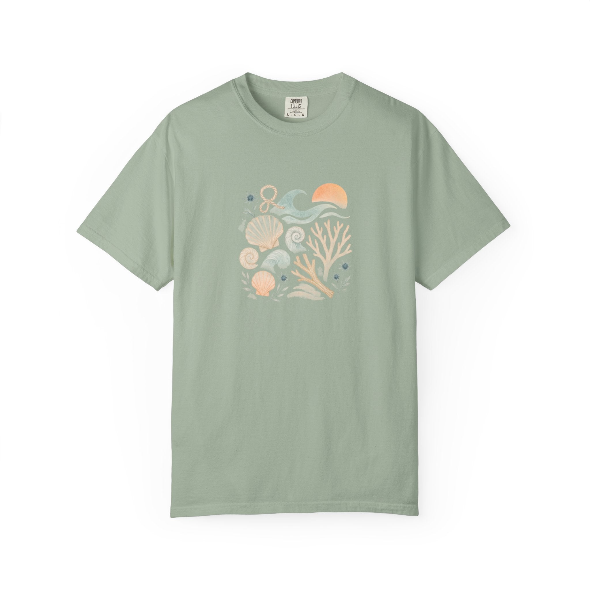 Coastal Seashells and Coral T-Shirt | Beach Wave Sunset Art