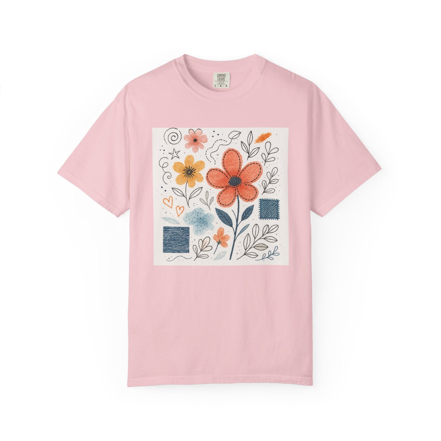 Hand-drawn Watercolor Floral Doodles T-shirt | Linocut & Embroidery Texture