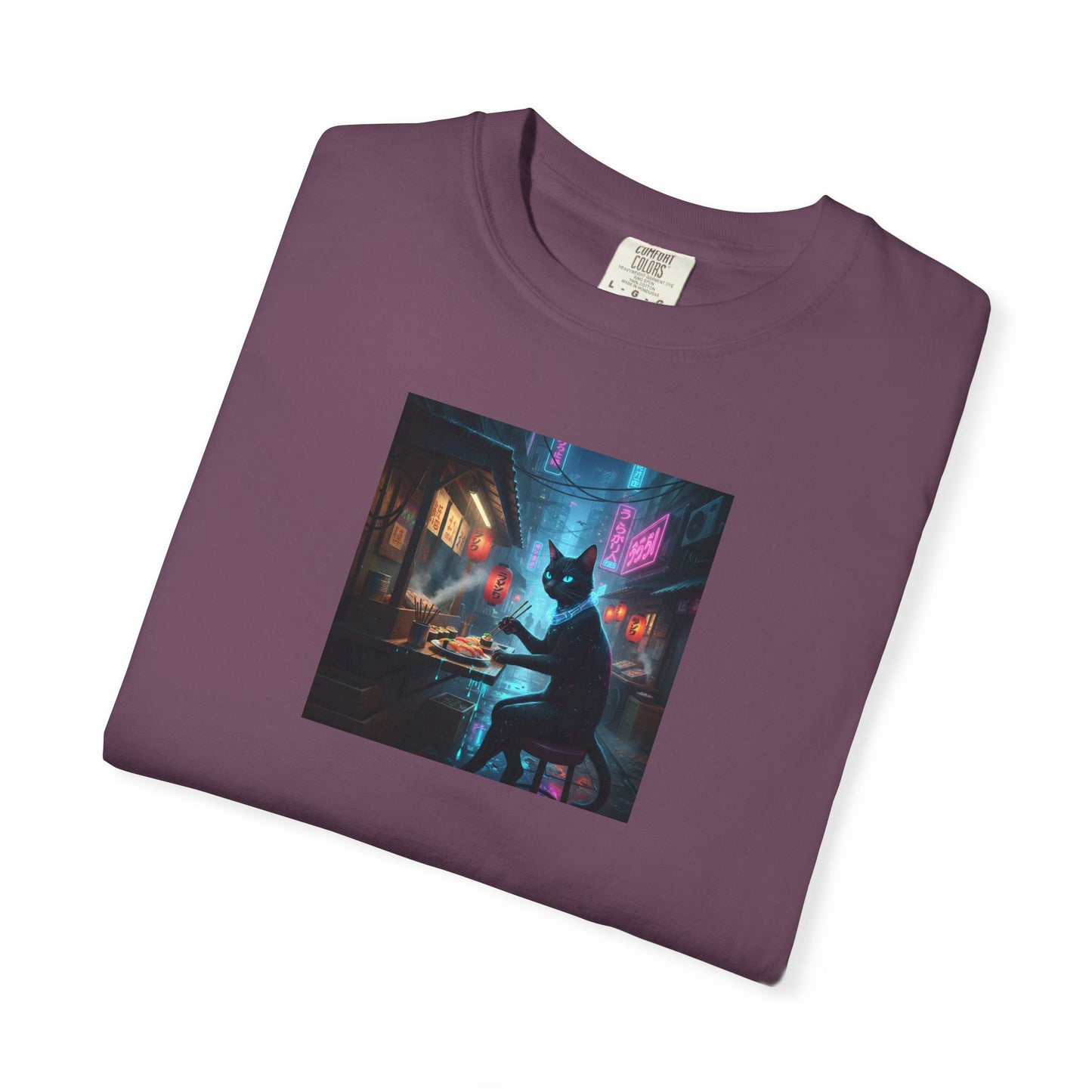 Cyberpunk Cat Sushi T-shirt | Neon Japan Noir