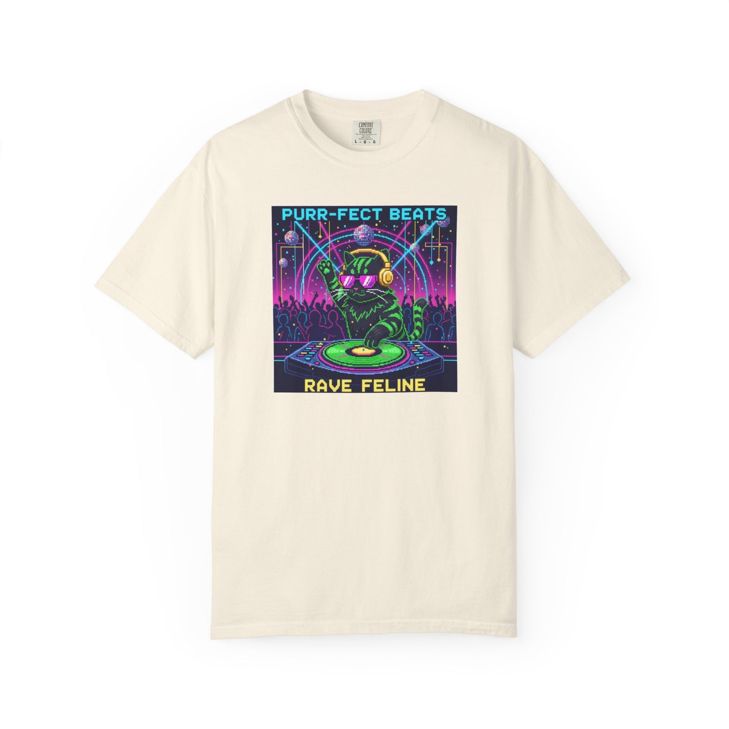 Purr-fect Beats Rave Feline DJ cat T-shirt | Neon EDM club design