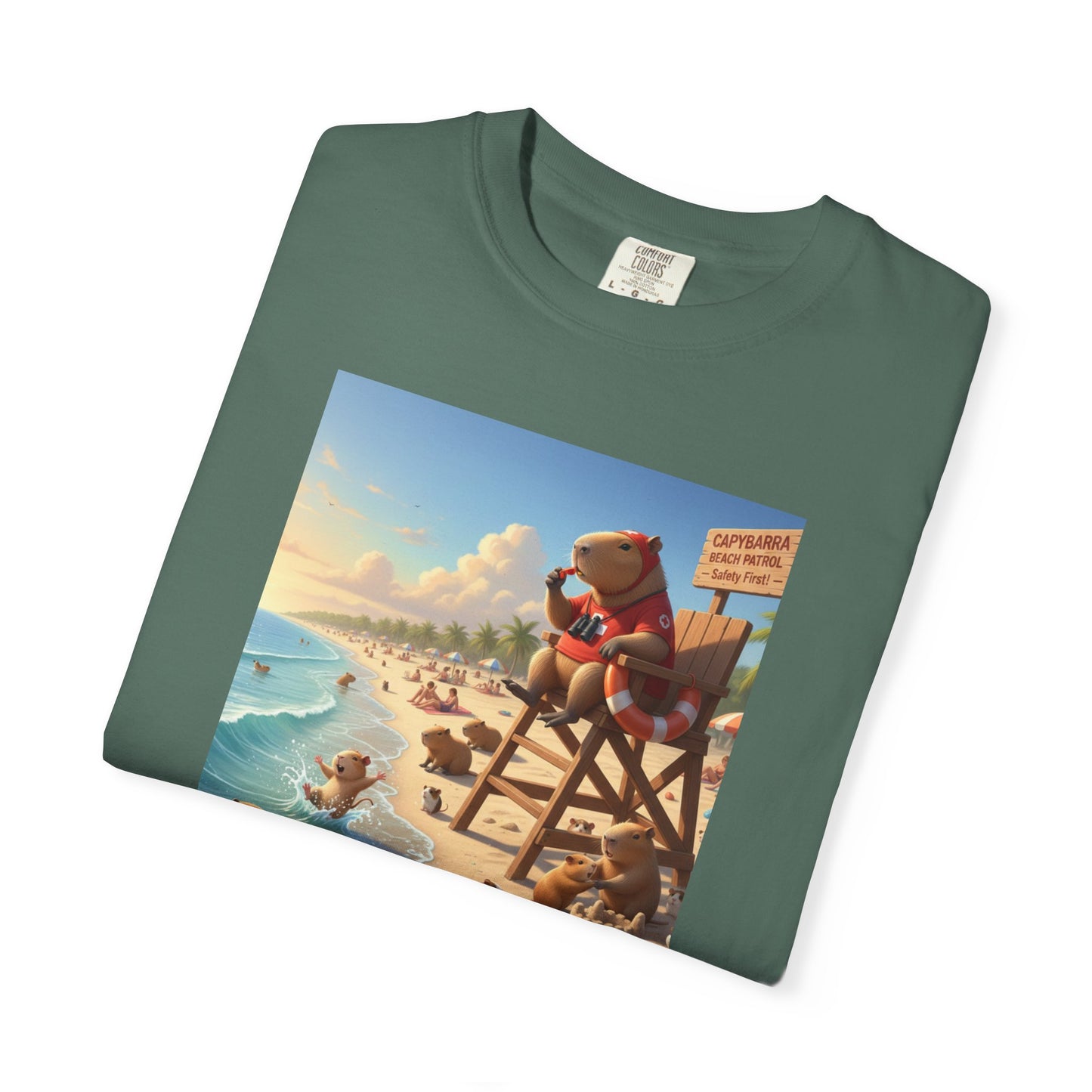Lifeguard Capybara on Beach T-shirt | Surf Rescue Sunset Scene