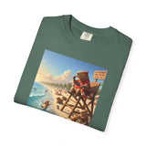 Lifeguard Capybara on Beach T-shirt | Surf Rescue Sunset Scene