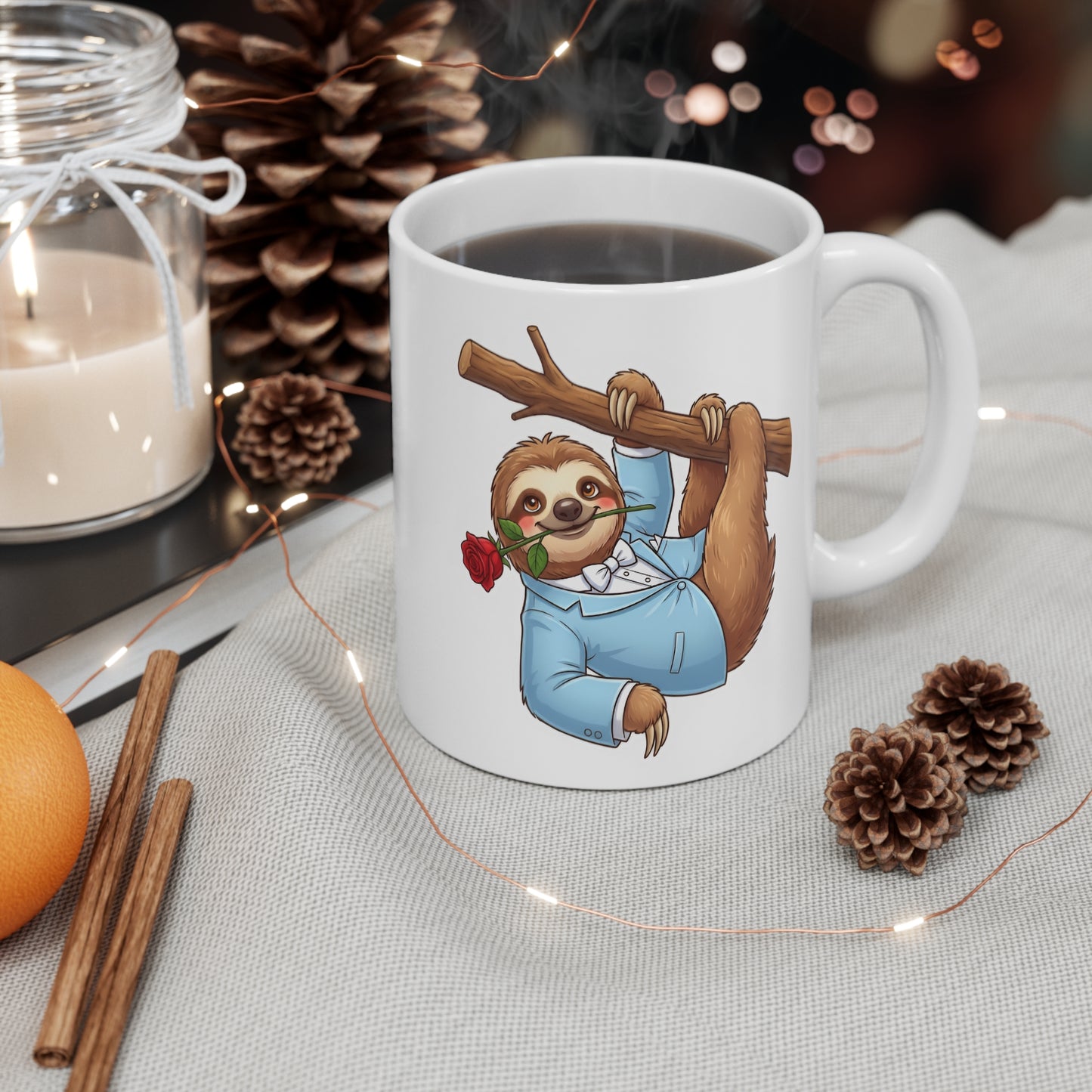 Romantic Sloth with Rose Mug | Cute Lazy Sloth on Tree
