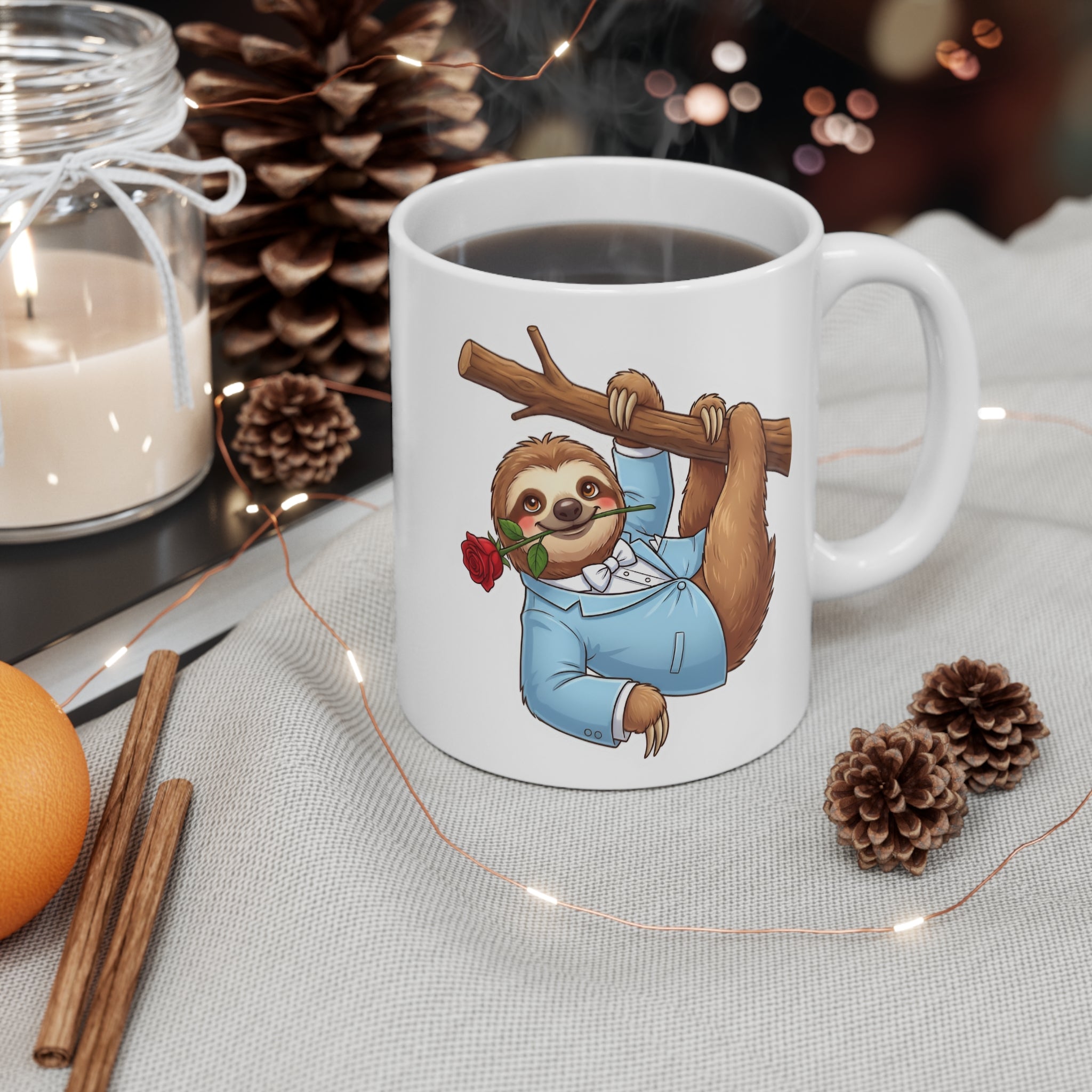 Romantic Sloth with Rose Mug | Cute Lazy Sloth on Tree