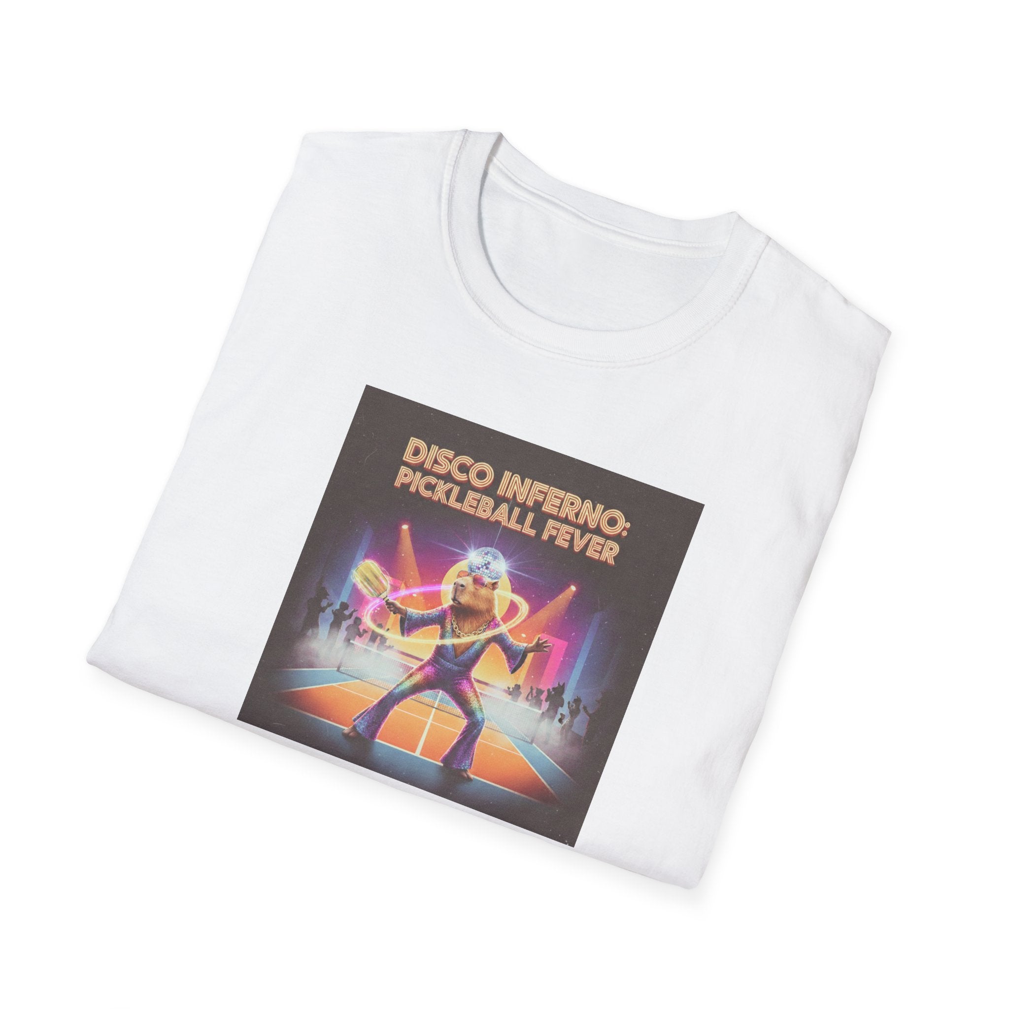Disco Inferno Capybara Pickleball Fever T-Shirt | Retro 70s Dance Court Graphic