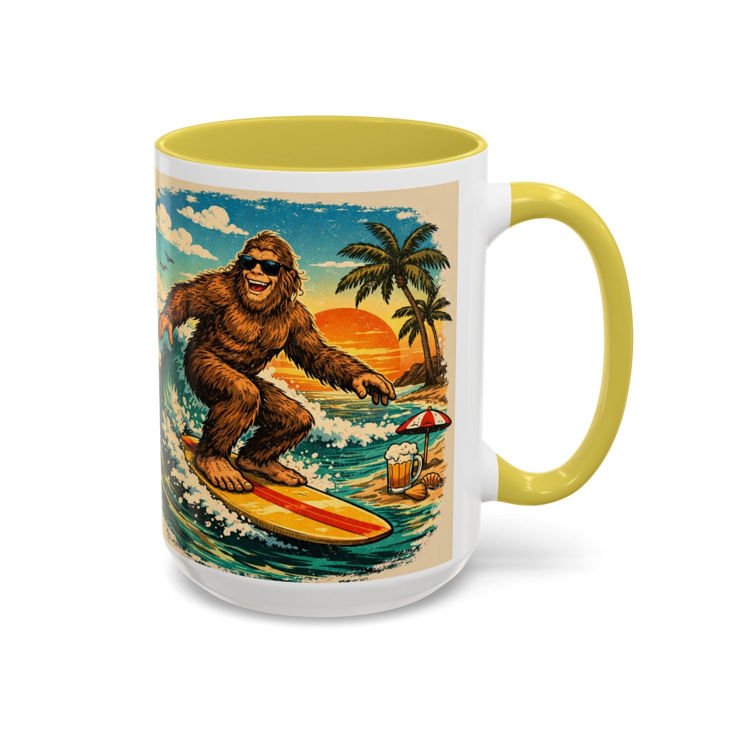 Surfing Bigfoot Mug | Retro Beach Sunset Bigfoot Wave Coffee Cup