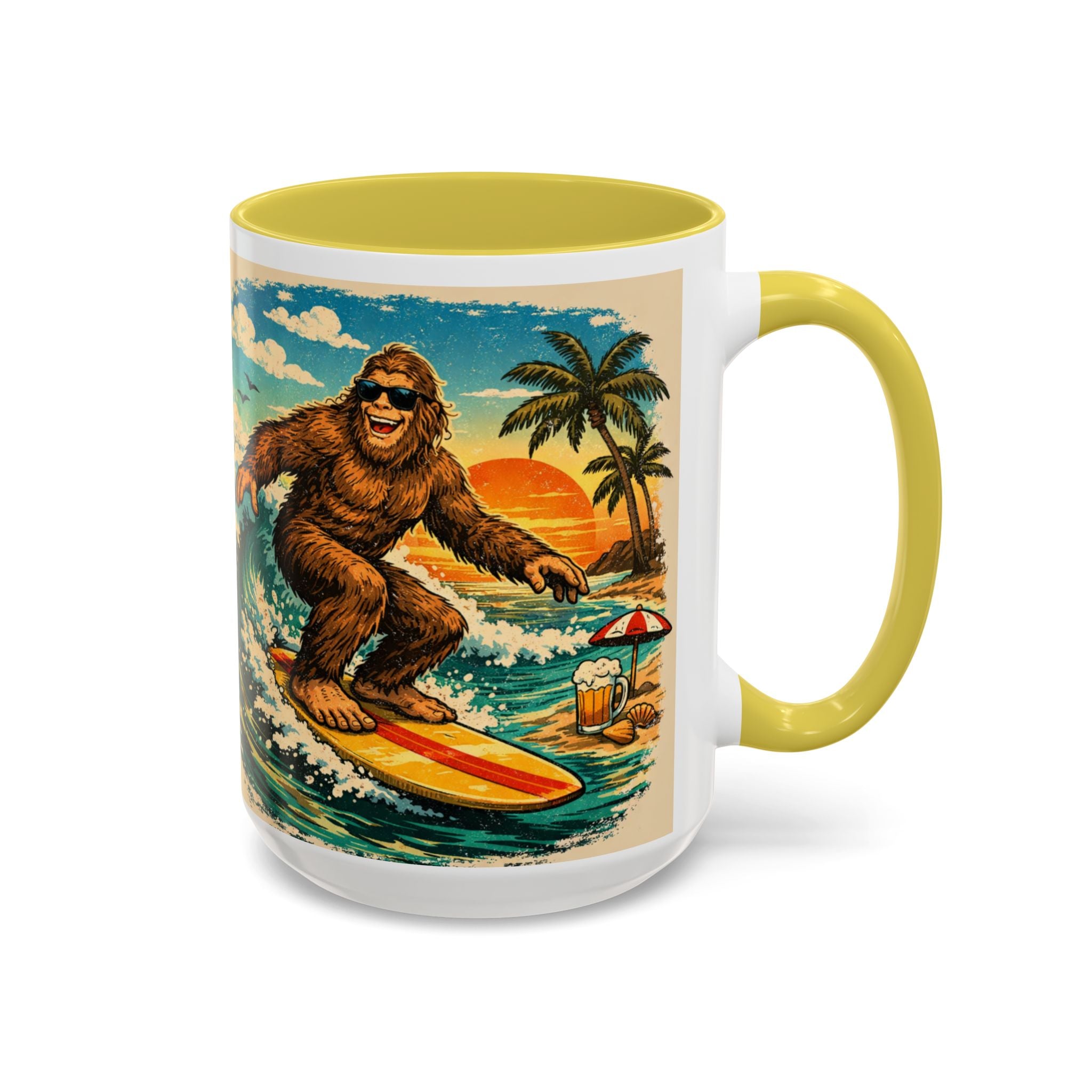 Surfing Bigfoot Mug | Retro Beach Sunset Bigfoot Wave Coffee Cup