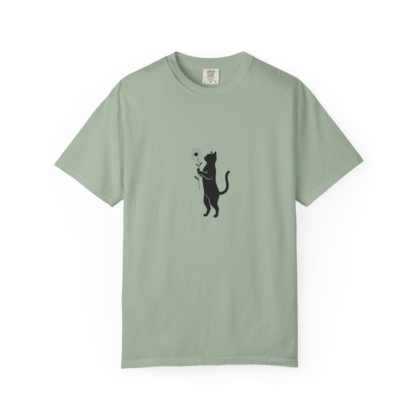Black Cat Holding Flower T-Shirt | Minimal Cat Silhouette Tee