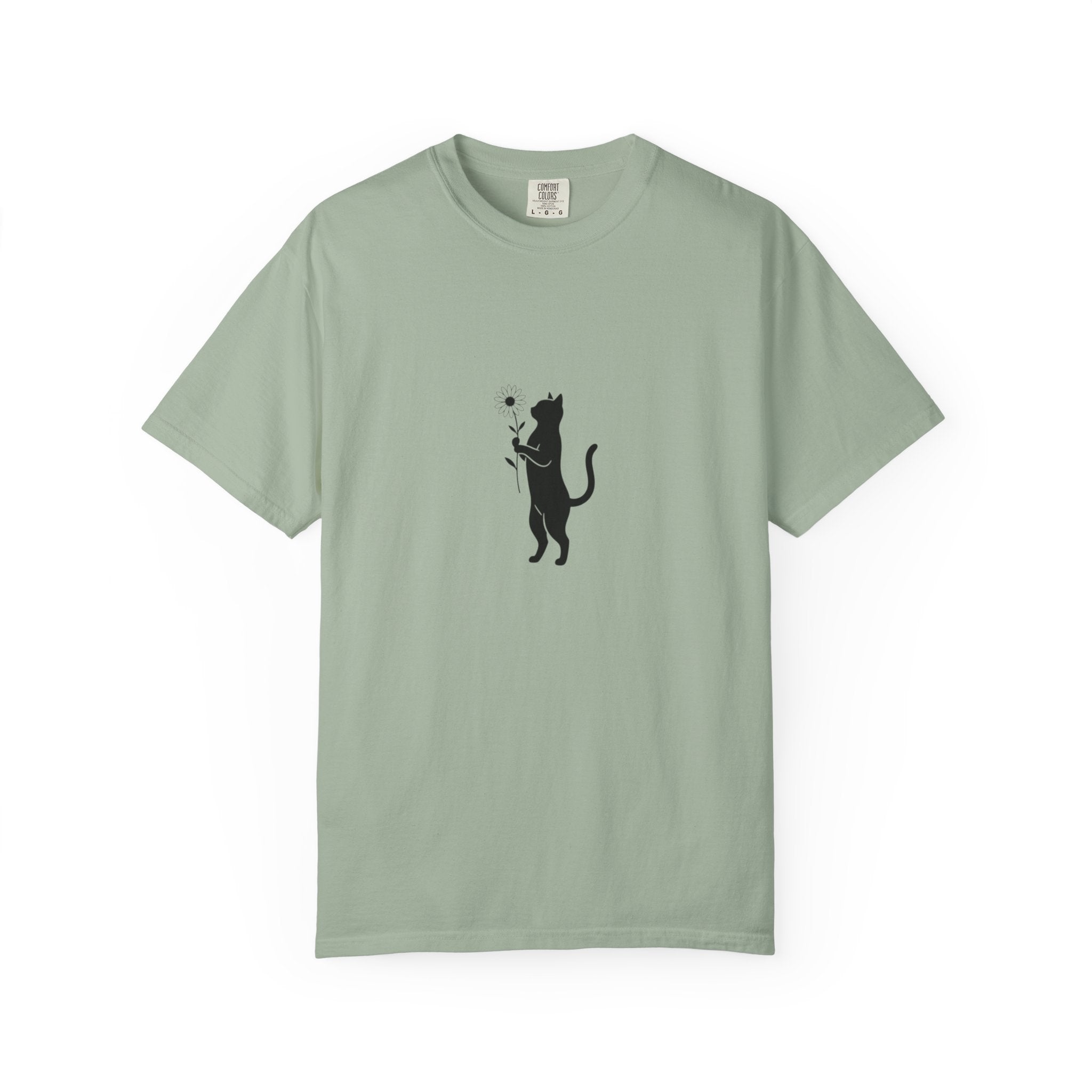 Black Cat Holding Flower T-Shirt | Minimal Cat Silhouette Tee