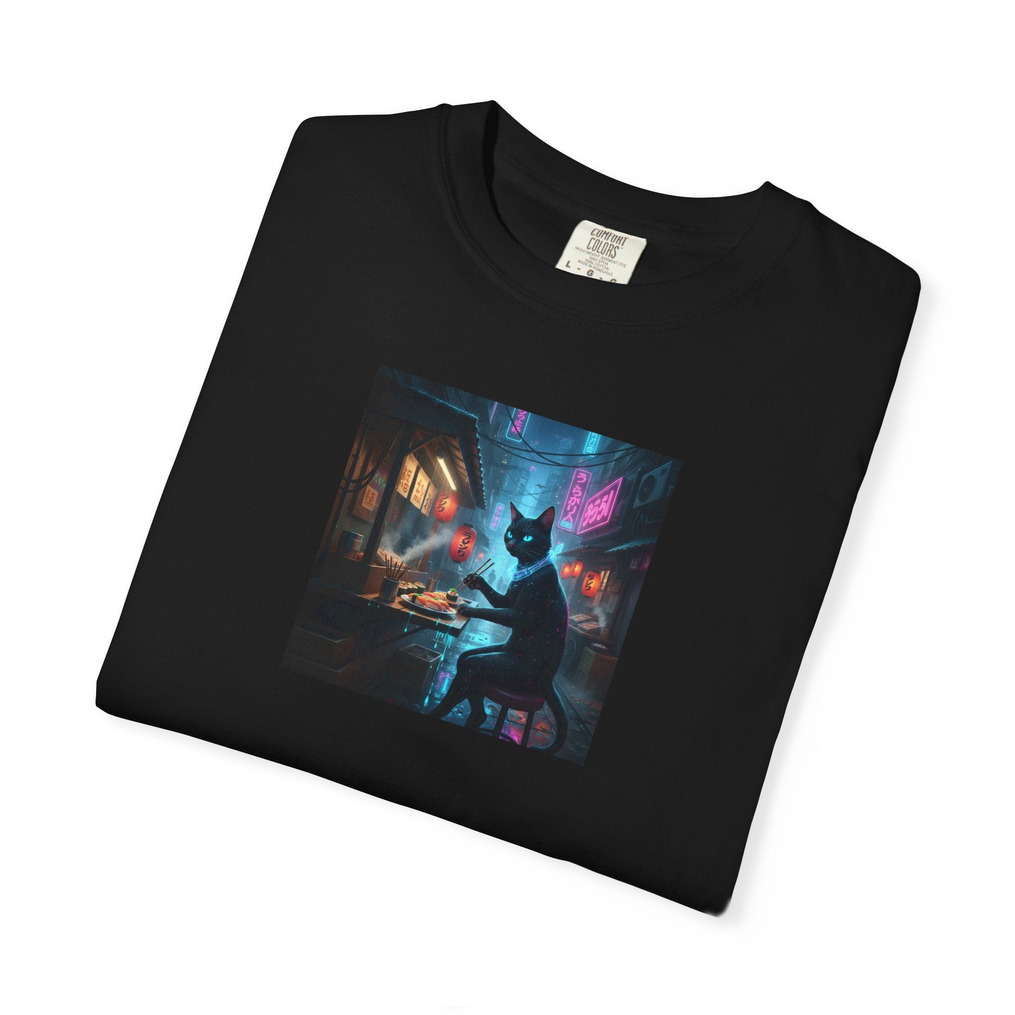 Cyberpunk Cat Sushi T-shirt | Neon Japan Noir