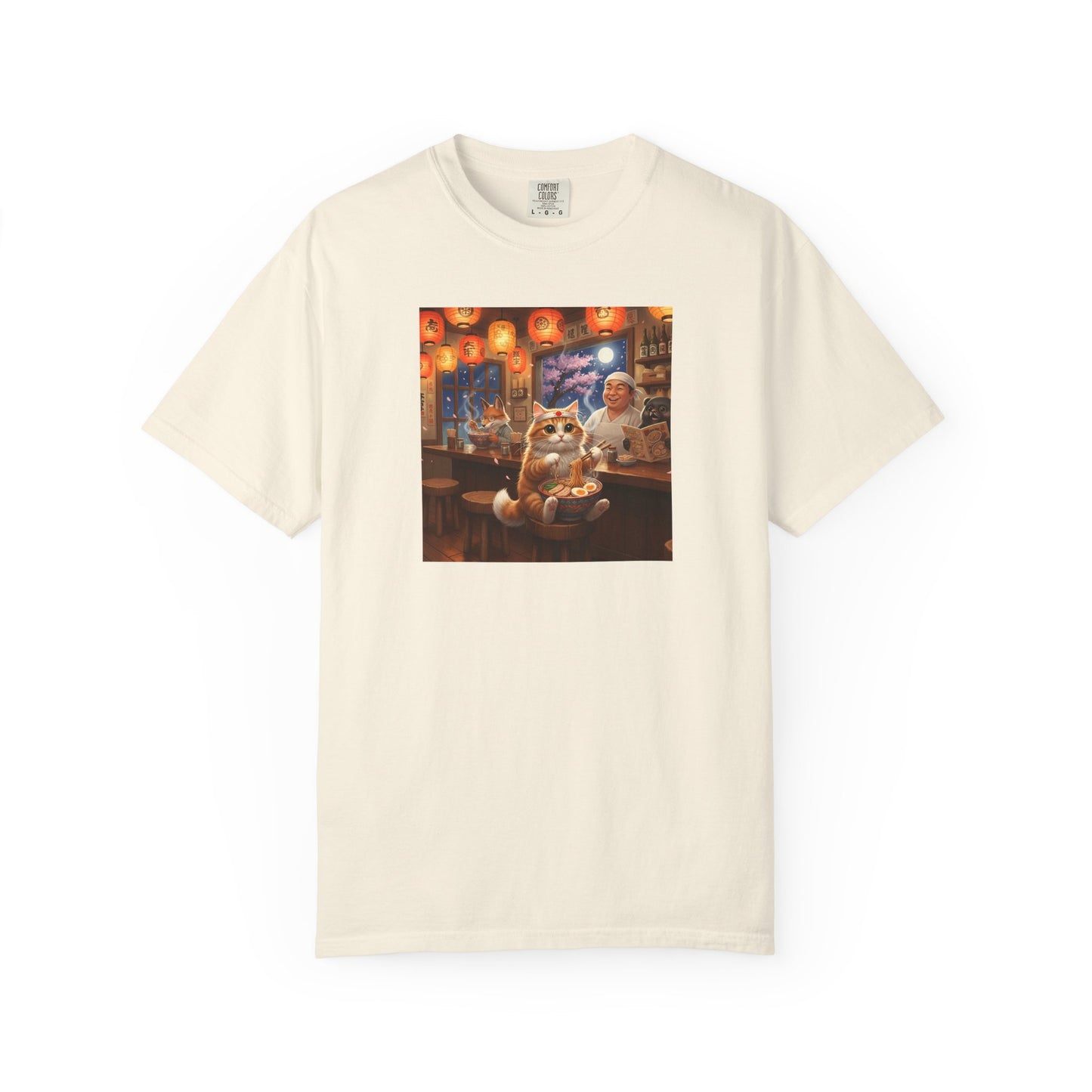 Whiskers and the Wondrous Noodles Cat Bar Ramen Scene T-shirt | Cozy Pub Cat Illustration