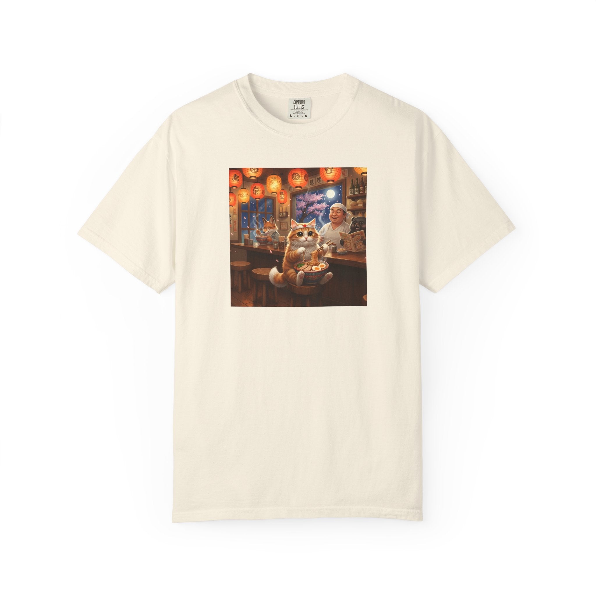 Whiskers and the Wondrous Noodles Cat Bar Ramen Scene T-shirt | Cozy Pub Cat Illustration