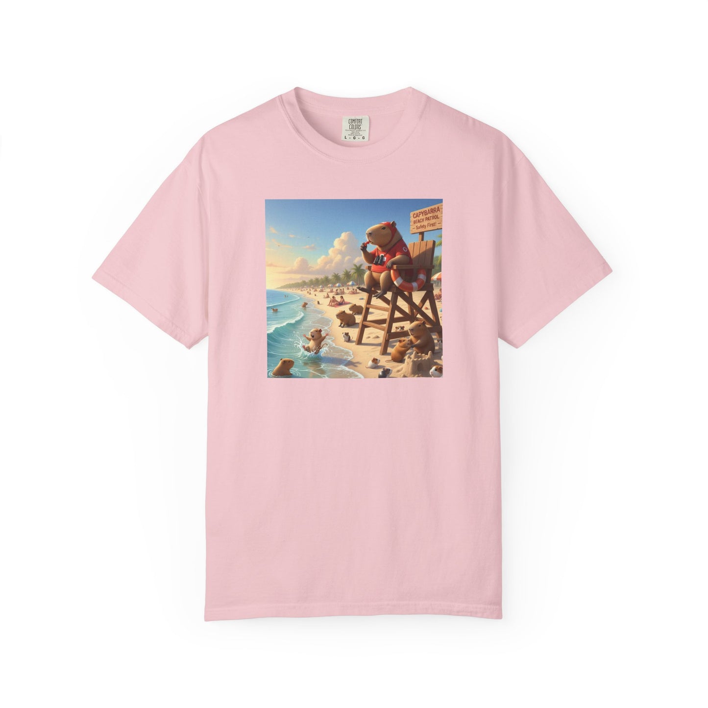 Lifeguard Capybara on Beach T-shirt | Surf Rescue Sunset Scene