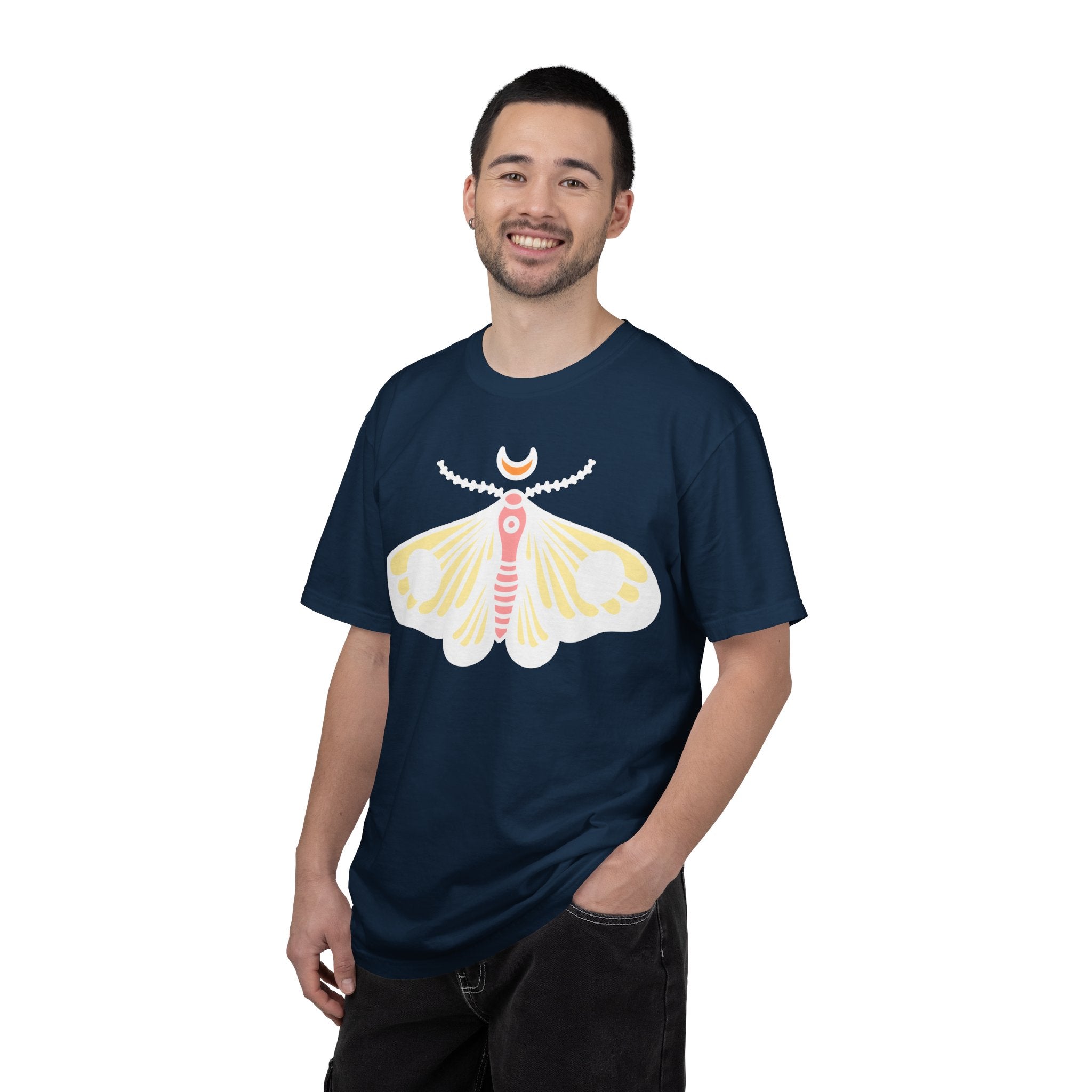 Celestial Moth T-shirt | Pink Yellow Moth with Crescent Moon