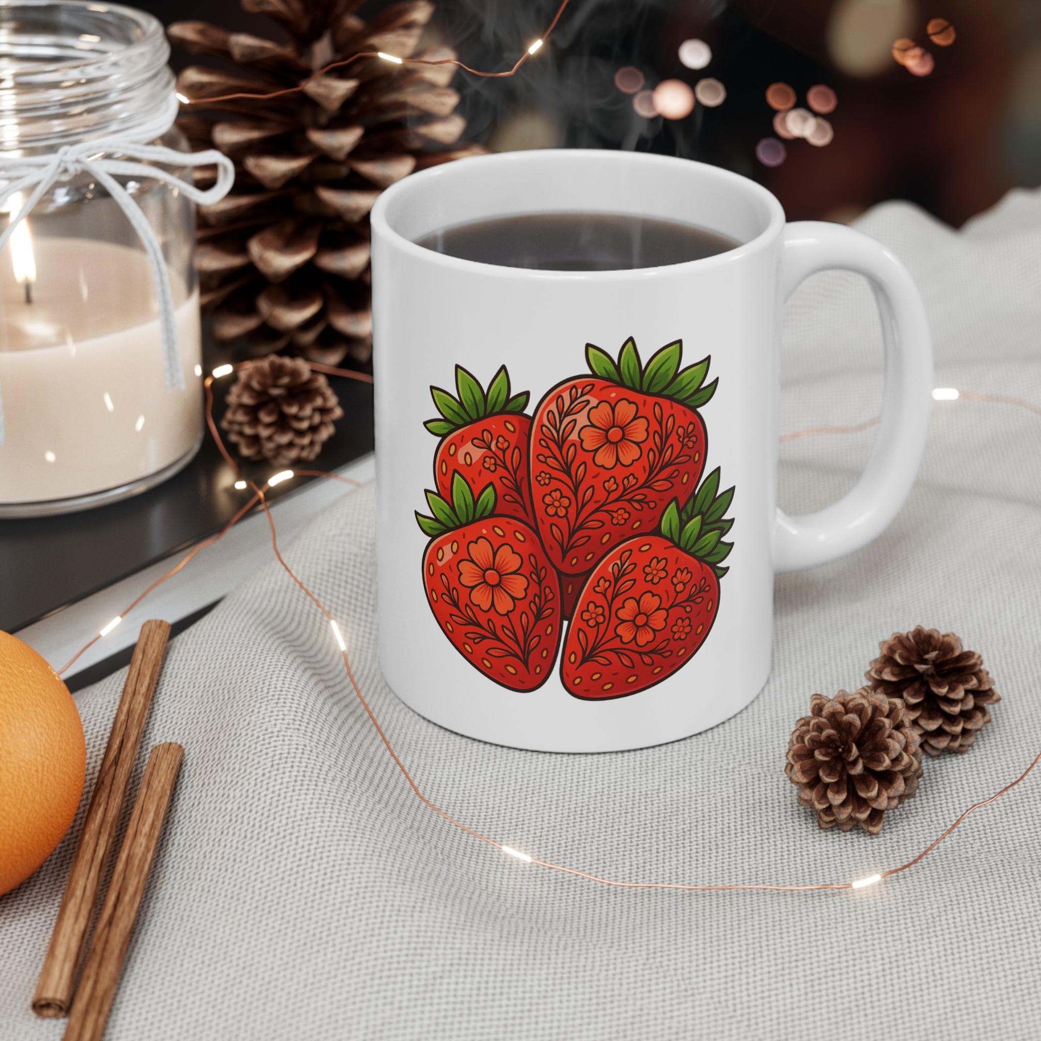 Floral Strawberries Mug | Hand-Drawn Fruit Illustration, Kitchen Ceramic Coffee Cup