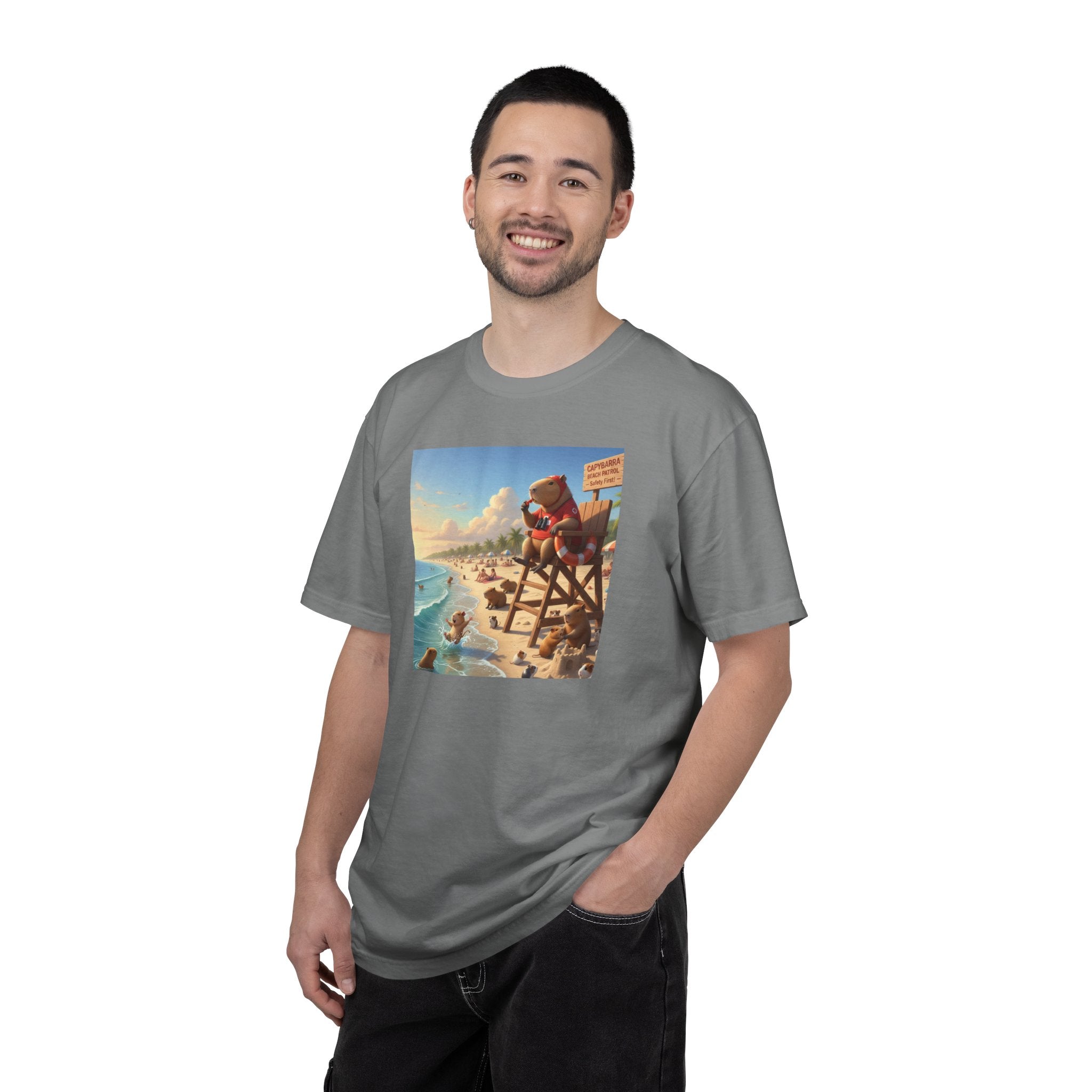 Lifeguard Capybara on Beach T-shirt | Surf Rescue Sunset Scene