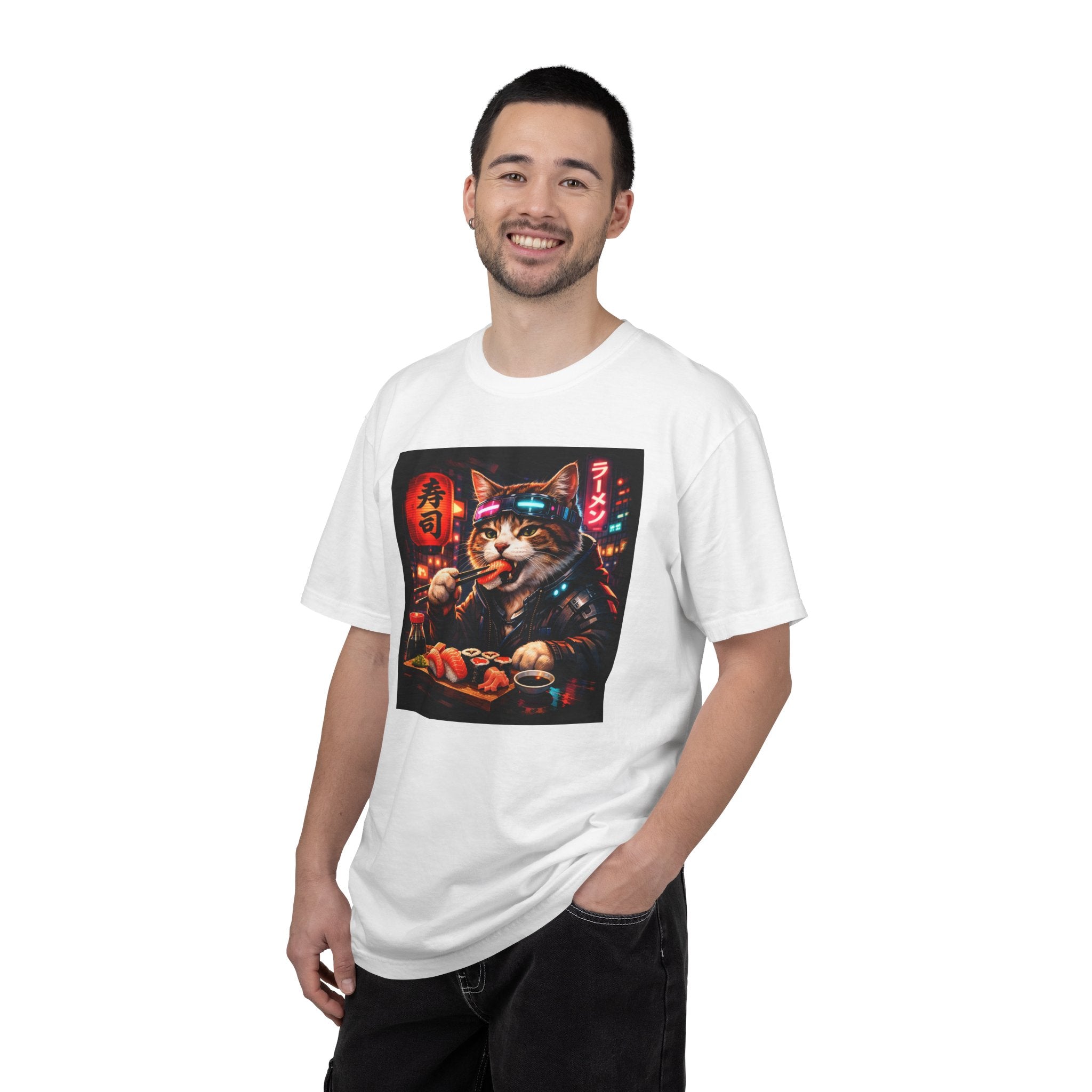 Sushi-Eating Cat T-Shirt | Neon Japanese Street Food Art