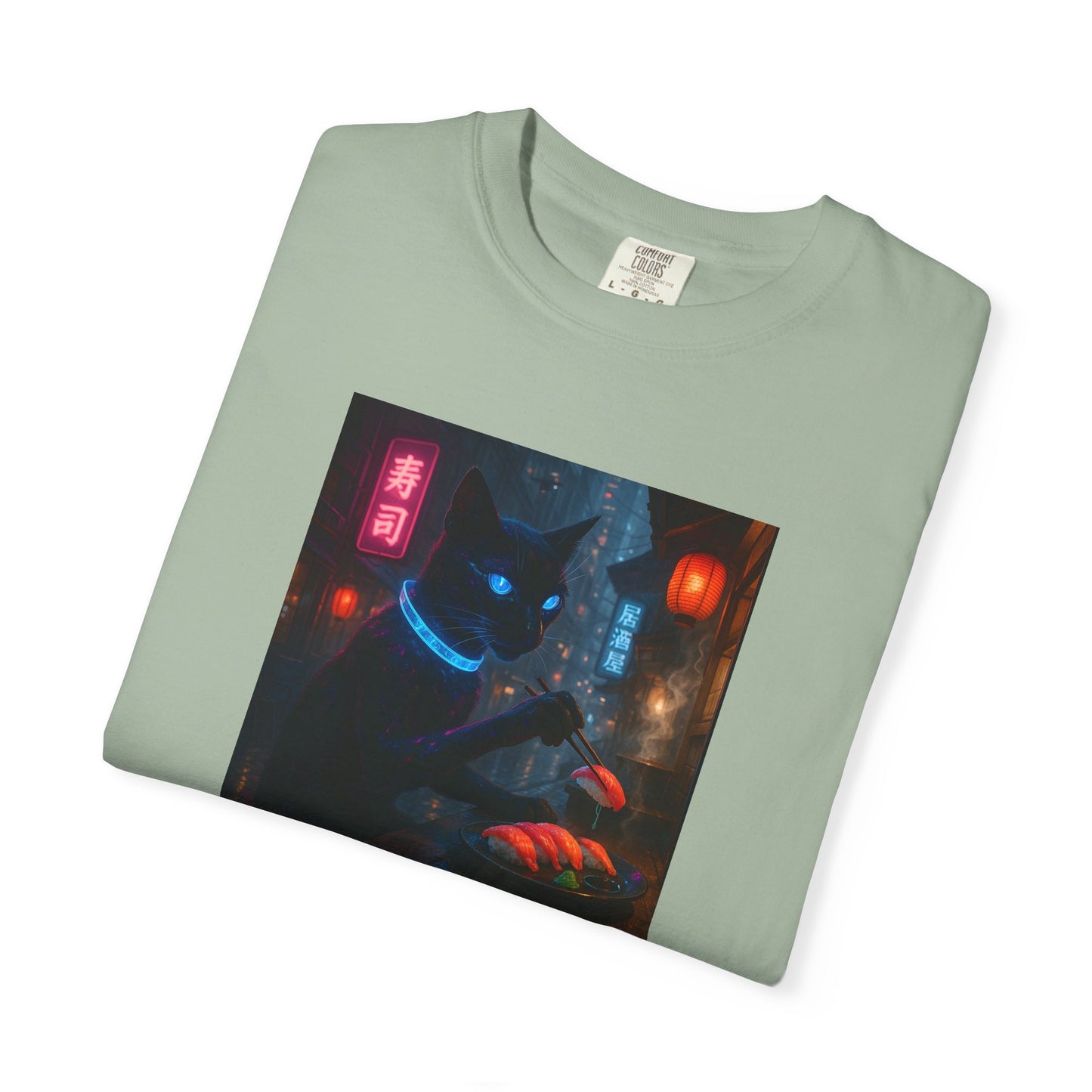 Neon Cyber Cat Sushi Shibuya T-shirt | Dark Alley Japanese Streetwear