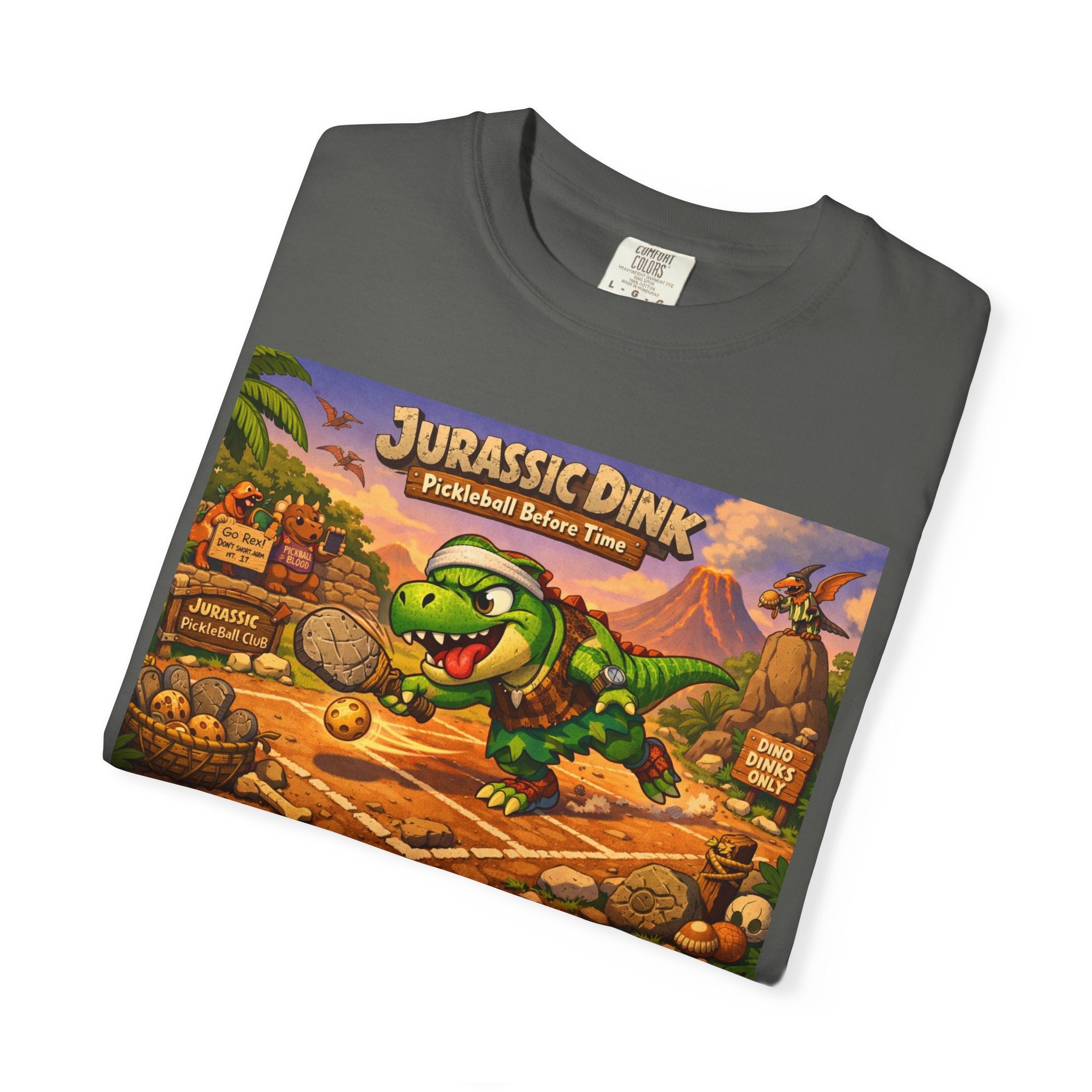 Jurassic Dink Pickleball Dinosaur Arcade Poster T-Shirt | Retro Video Game Shirt