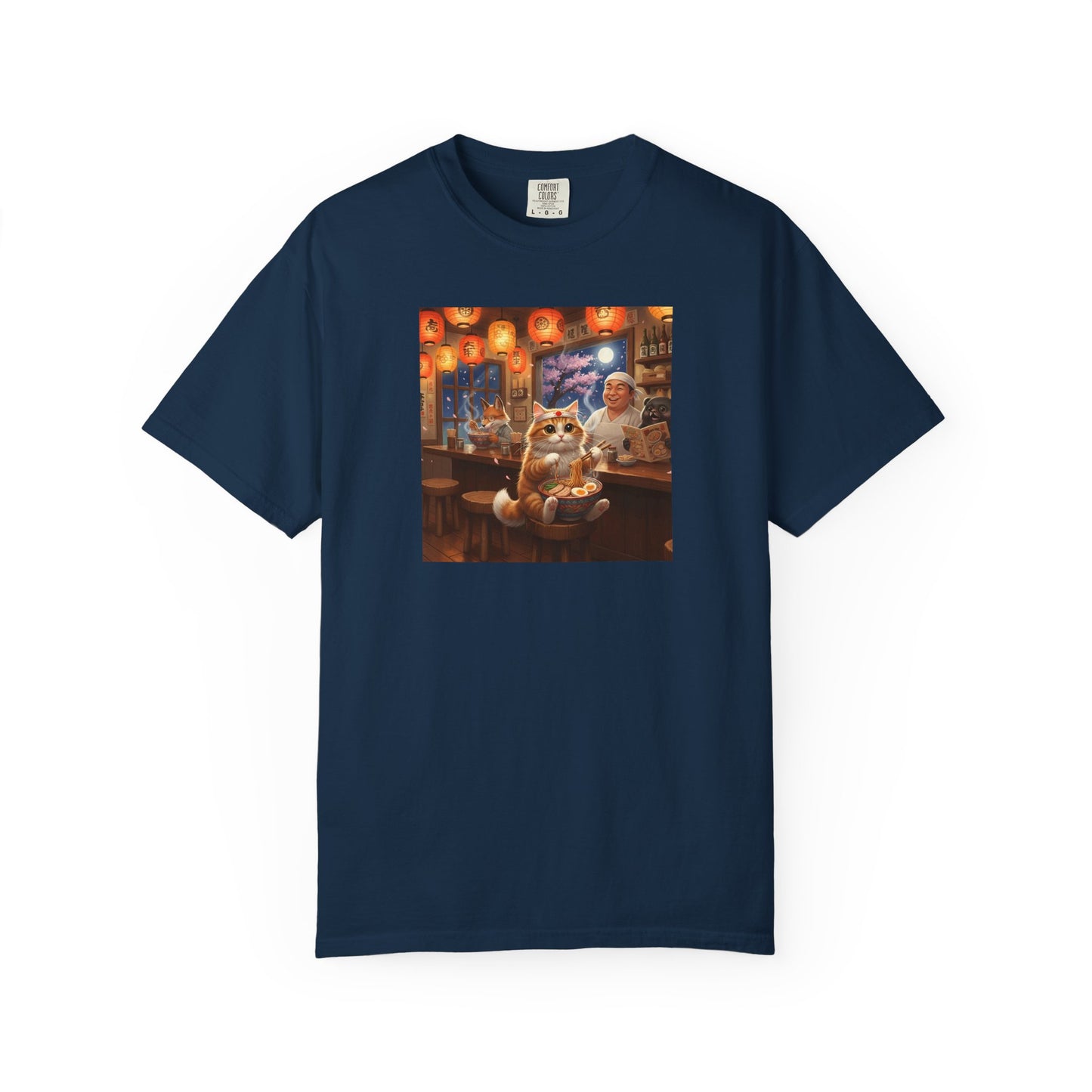 Whiskers and the Wondrous Noodles Cat Bar Ramen Scene T-shirt | Cozy Pub Cat Illustration