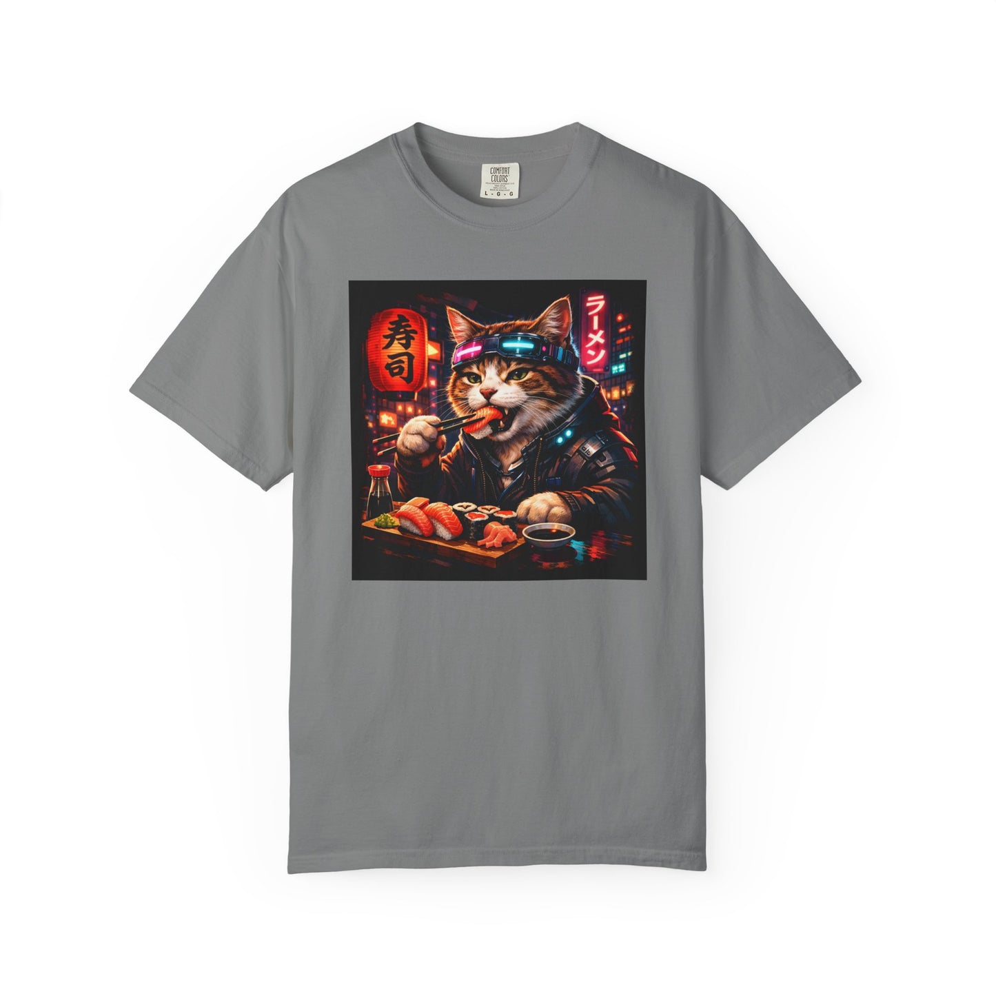 Sushi-Eating Cat T-Shirt | Neon Japanese Street Food Art
