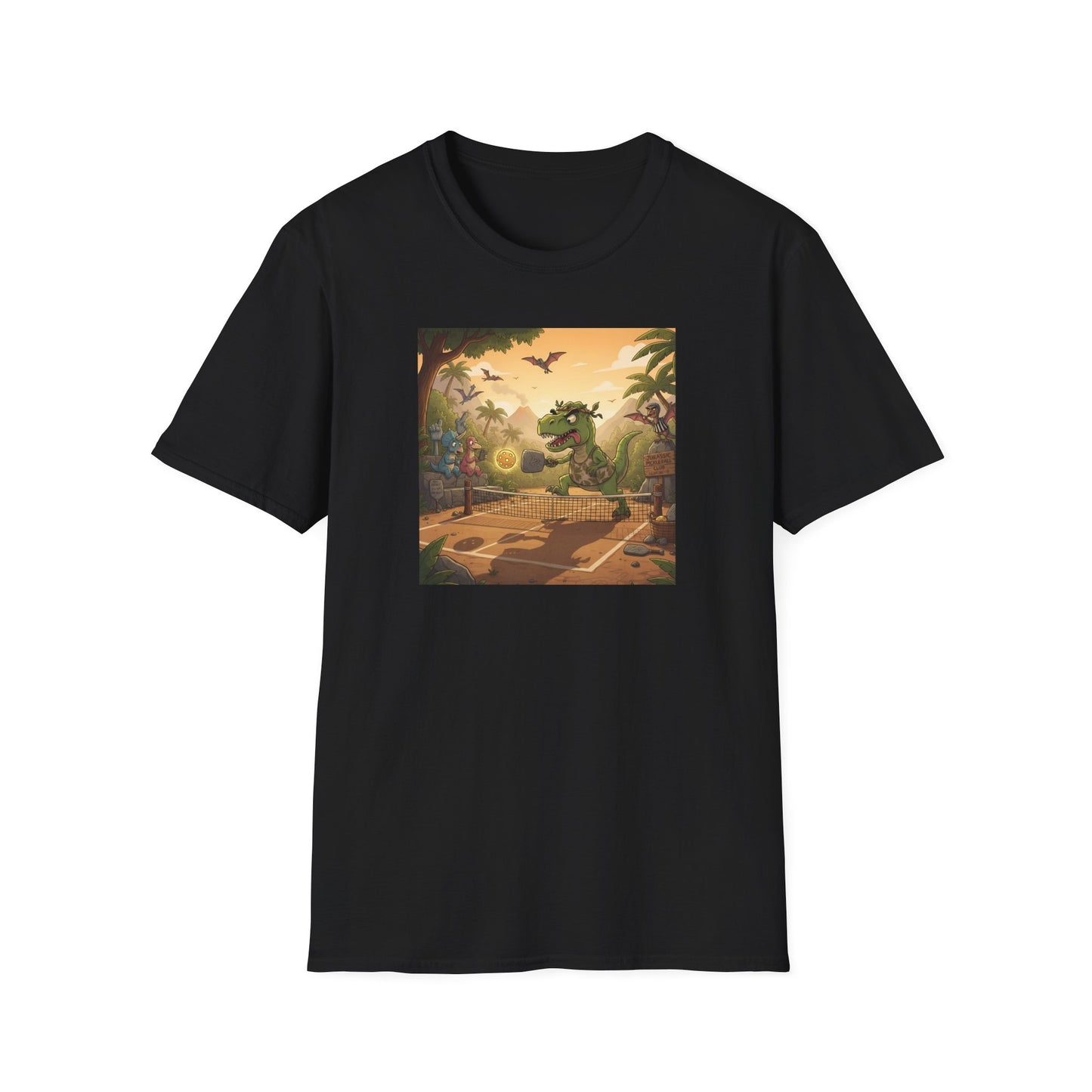 Jurassic Pickleball Club | Retro Tropical Dino Illustration T-Shirt