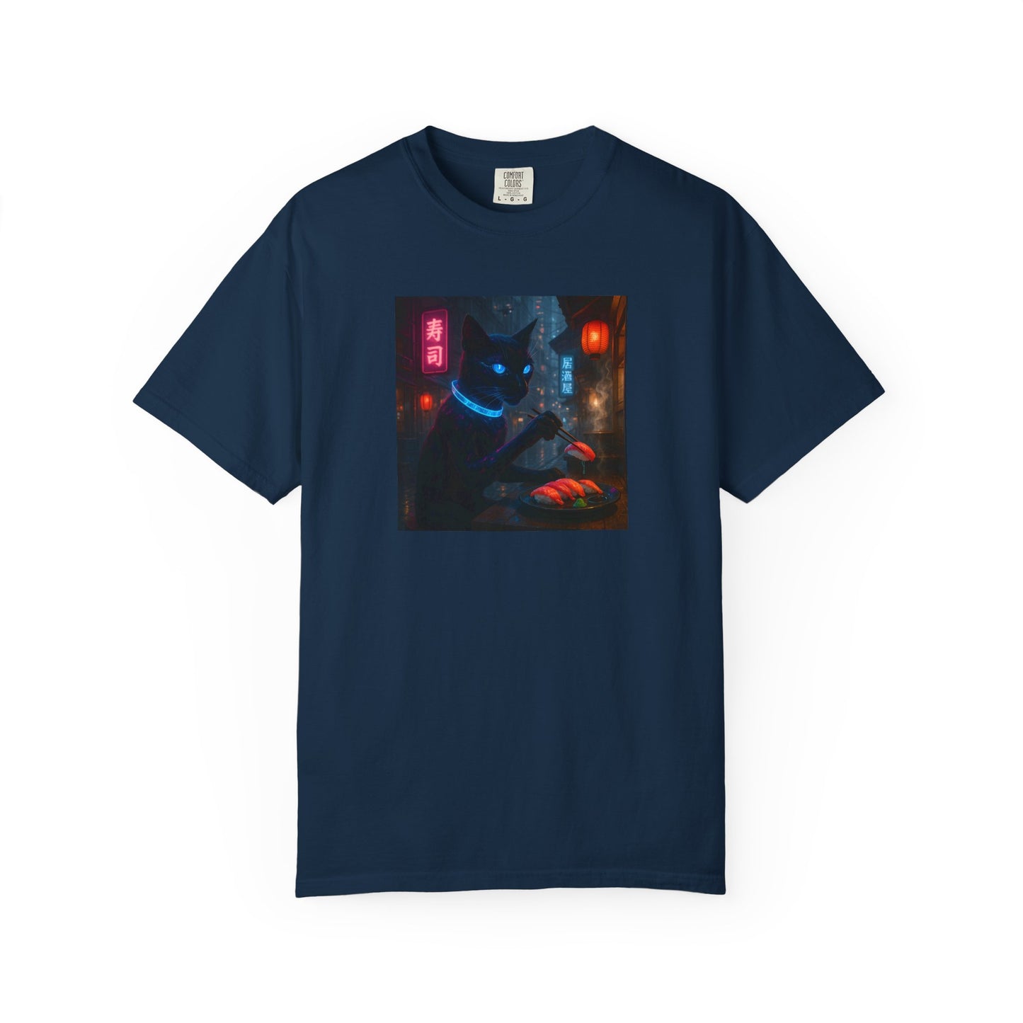 Neon Cyber Cat Sushi Shibuya T-shirt | Dark Alley Japanese Streetwear