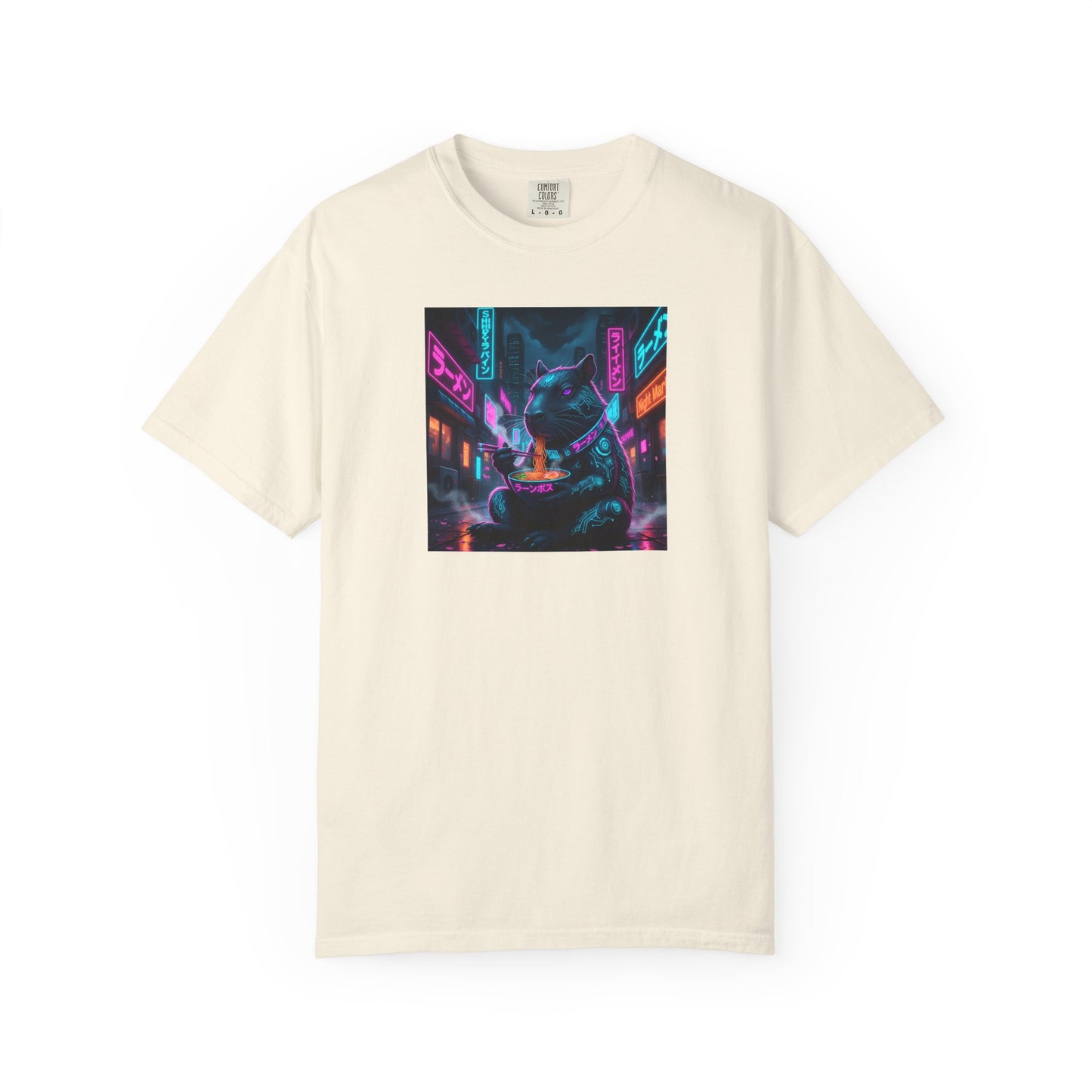 Neon Cyberpunk Capybara Cityscape T-Shirt | Futuristic Night Street Art