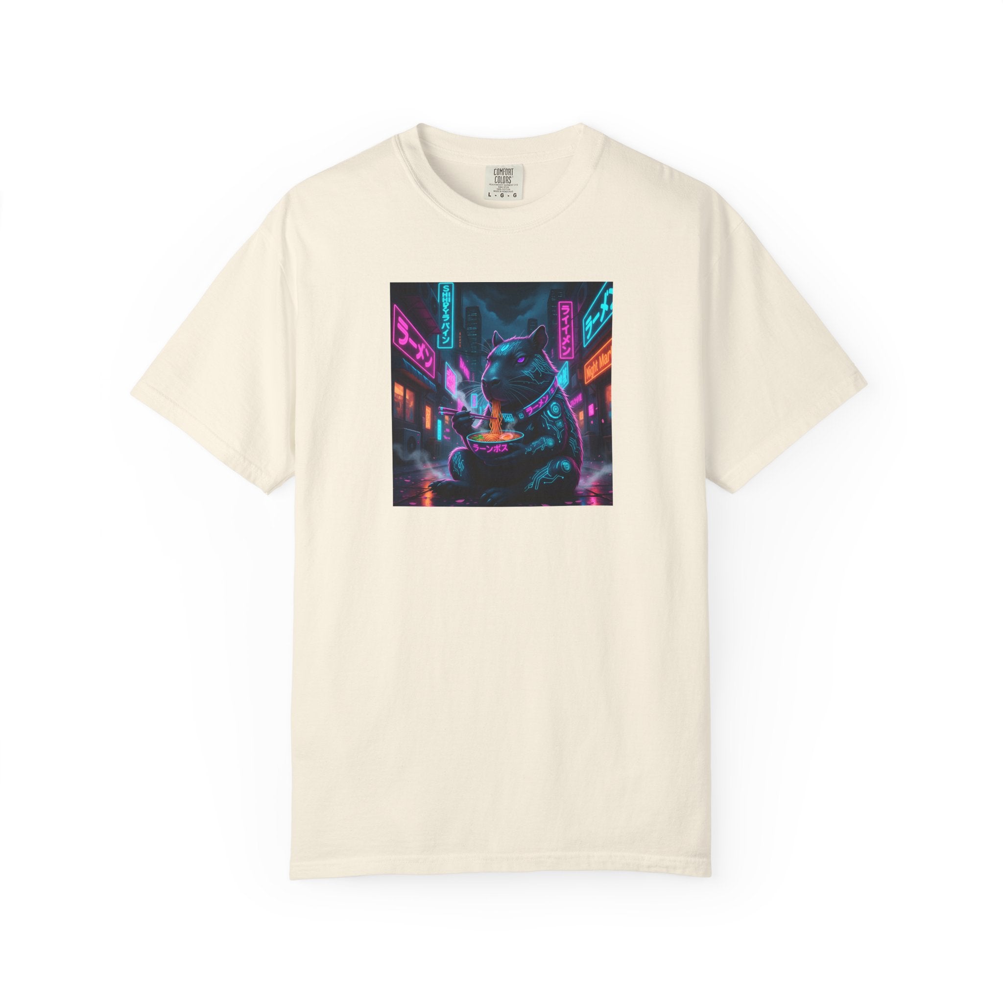 Neon Cyberpunk Capybara Cityscape T-Shirt | Futuristic Night Street Art