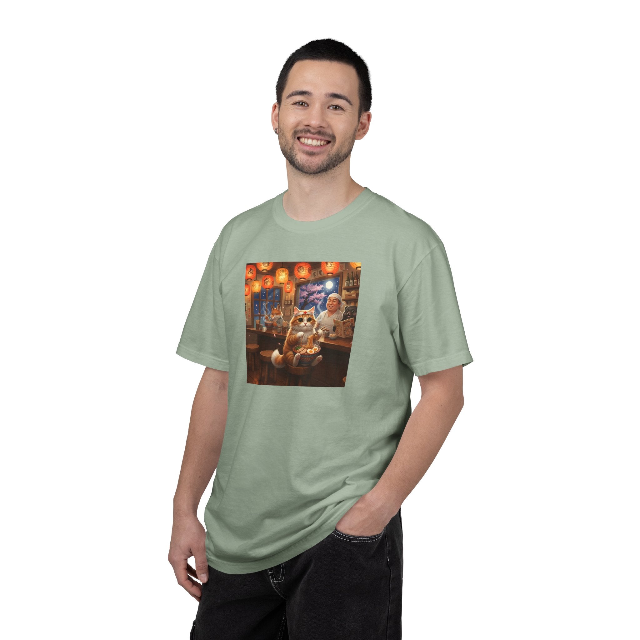 Whiskers and the Wondrous Noodles Cat Bar Ramen Scene T-shirt | Cozy Pub Cat Illustration