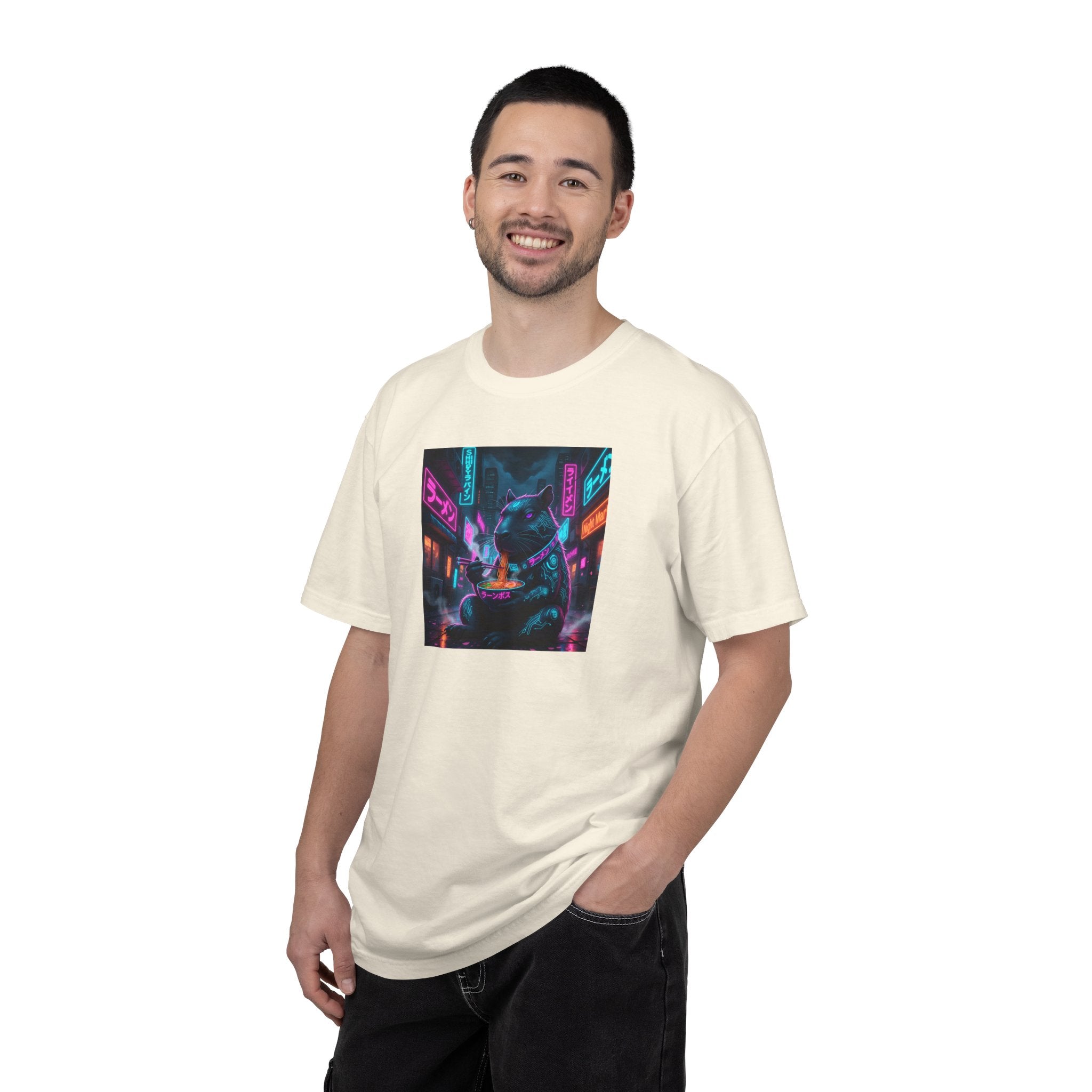 Neon Cyberpunk Capybara Cityscape T-Shirt | Futuristic Night Street Art