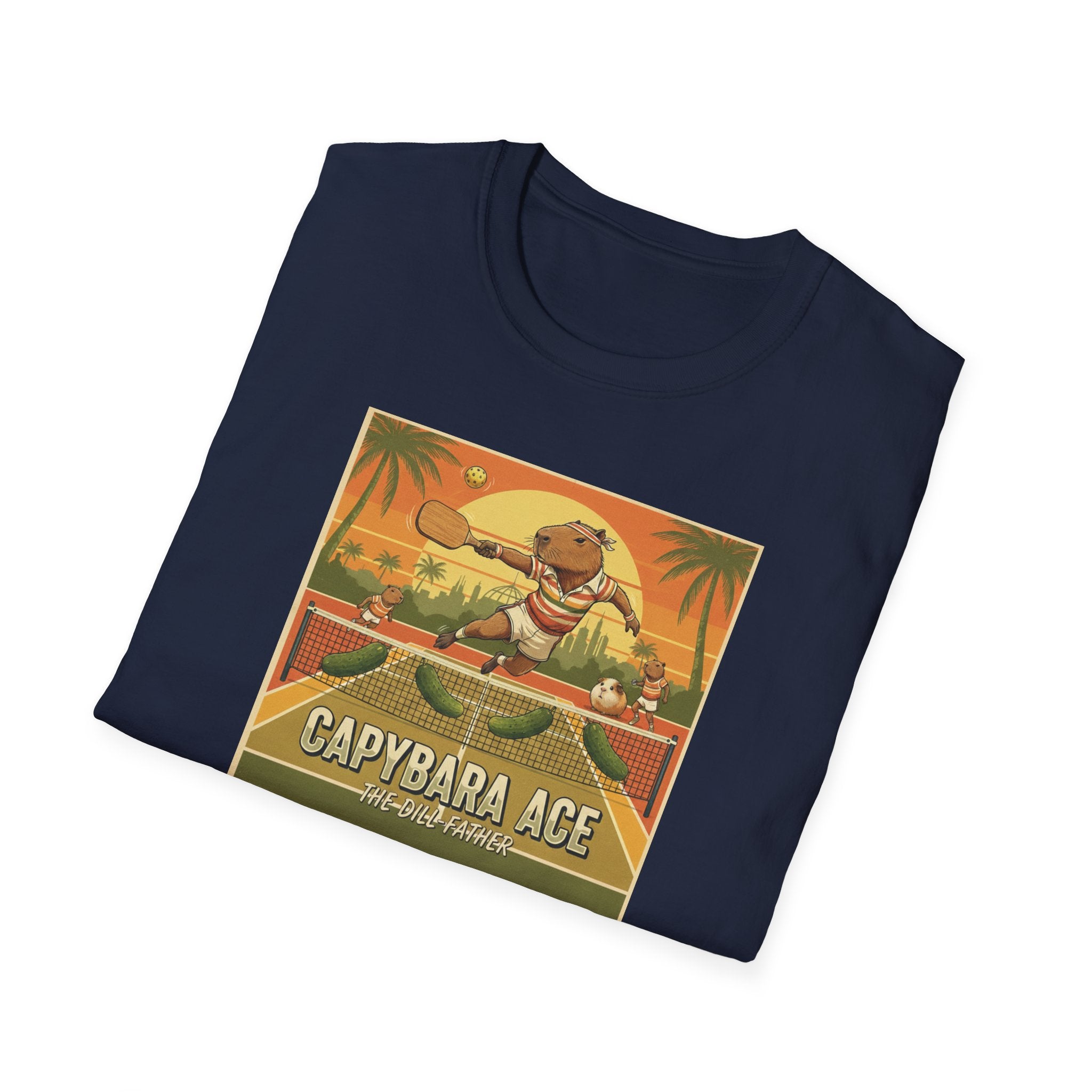 Capybara Ace Pickleball Player T-Shirt | Retro Tropical Court Design