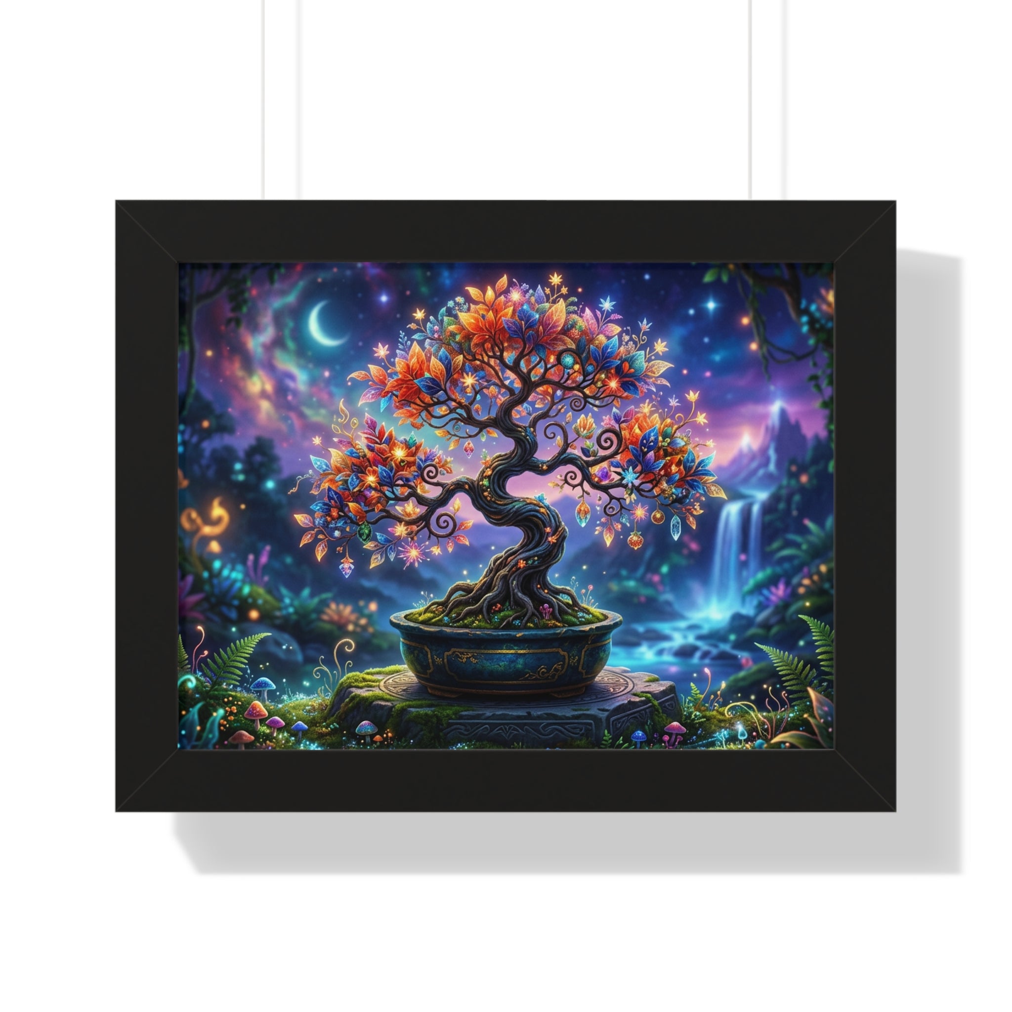 Celestial Magical Bonsai Tree Art Print, Fantasy Galaxy Tree of Life Wall Decor, Glowing Zen Garden Poster, Whimsical Mythical Landscape Art