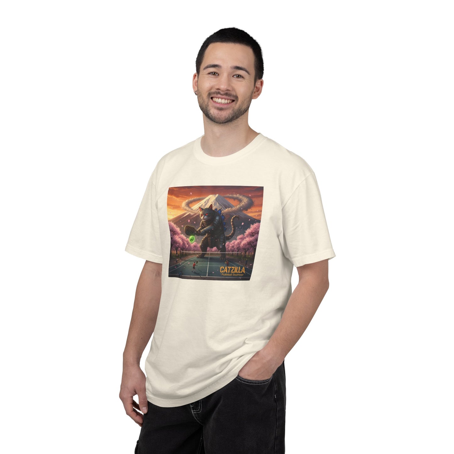 Catzilla Pickleball Destroyer T-shirt | Kaiju Cat Samurai, Mount Fuji Cherry Blossoms