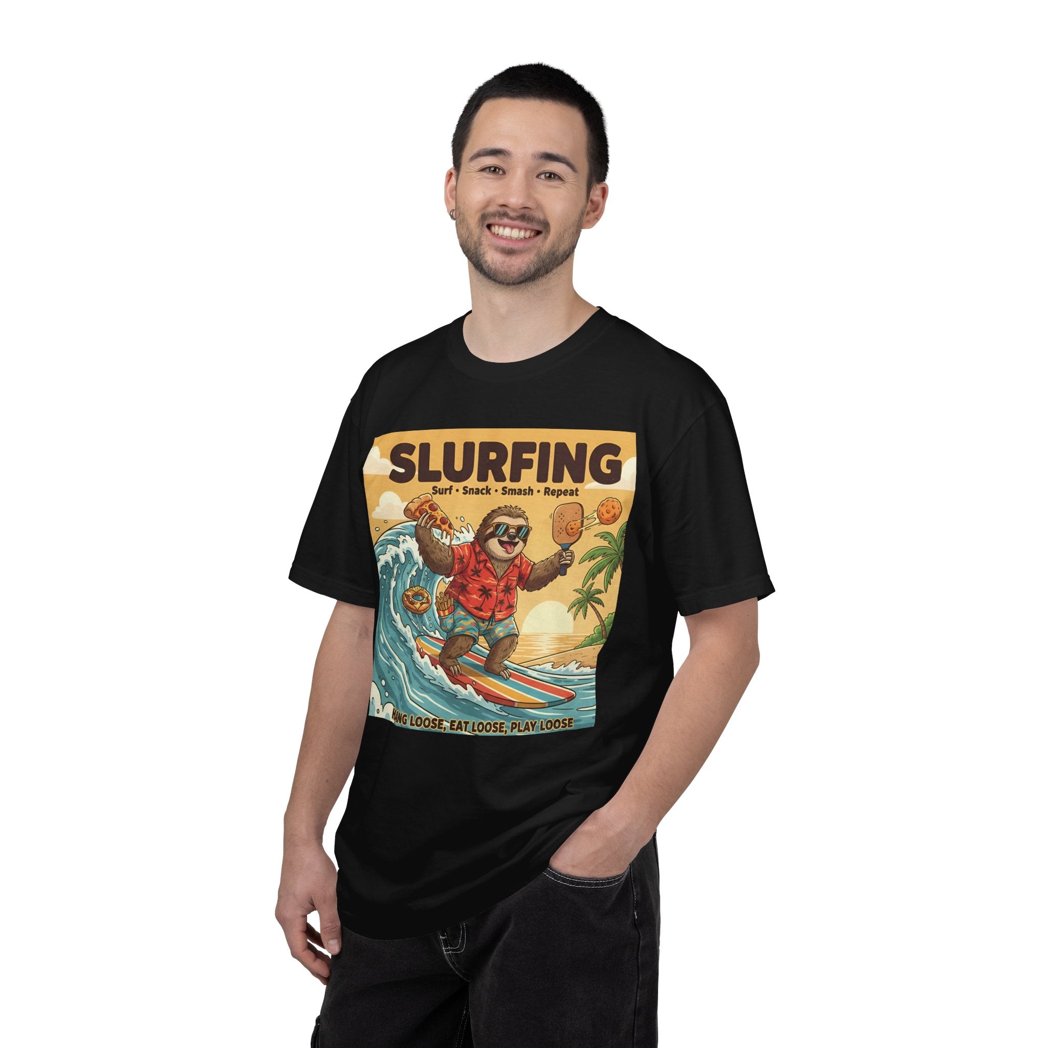 Slurfing Surfing Sloth T-Shirt | Retro Beach Wave Illustration