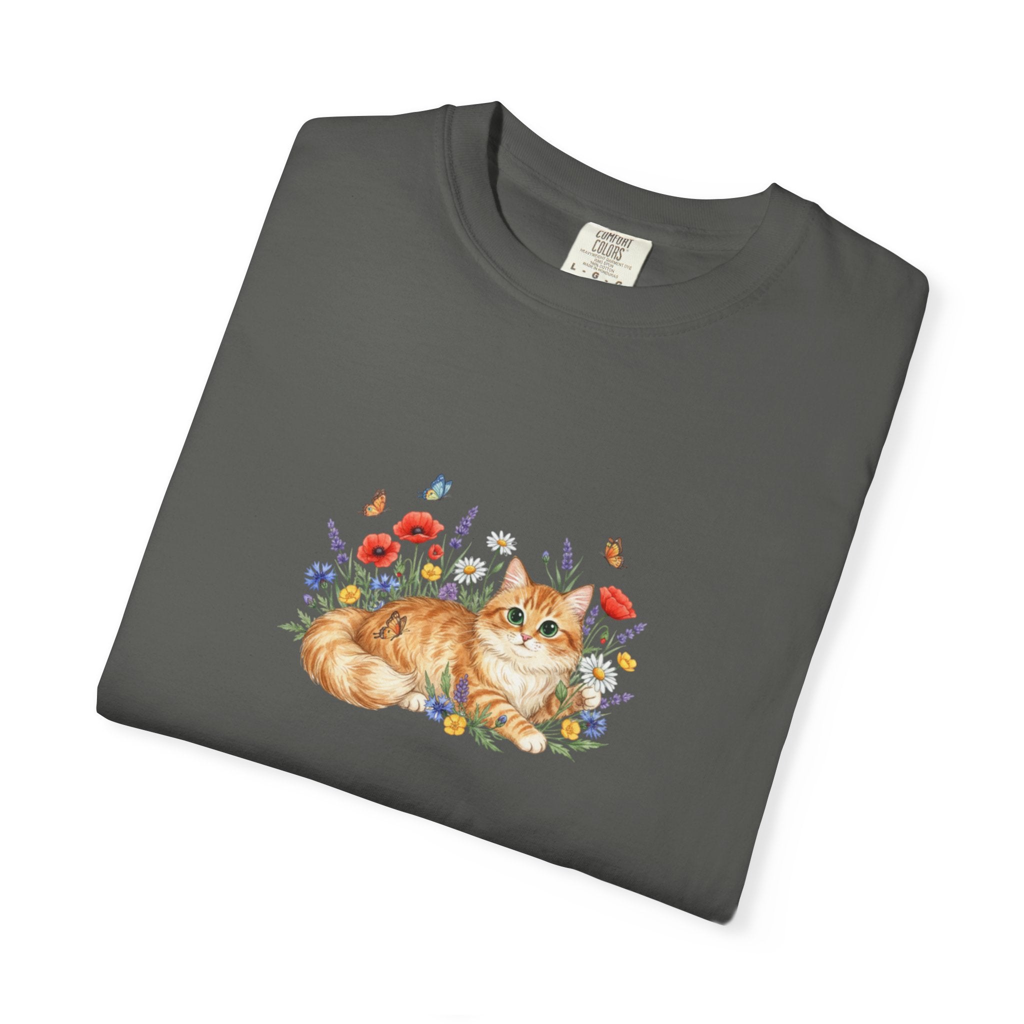 Orange Tabby Cat with Wildflowers T-Shirt | Floral Cat Tee