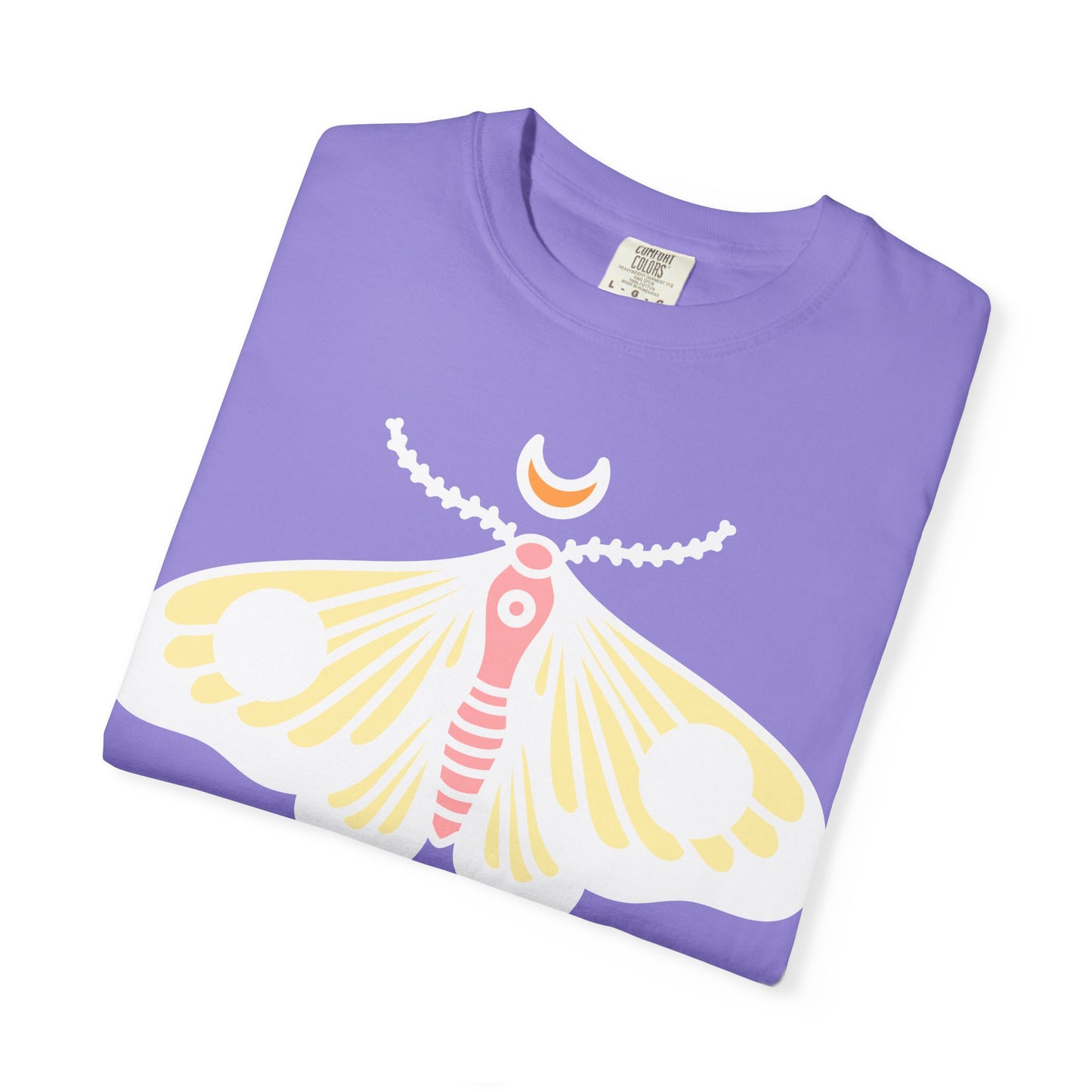 Celestial Moth T-shirt | Pink Yellow Moth with Crescent Moon