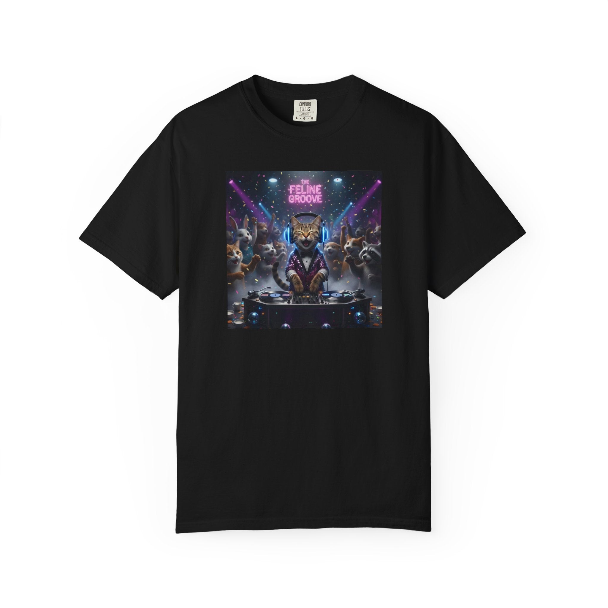 Feline Groove DJ Cat Illustration T-Shirt | Retro Neon Club Scene