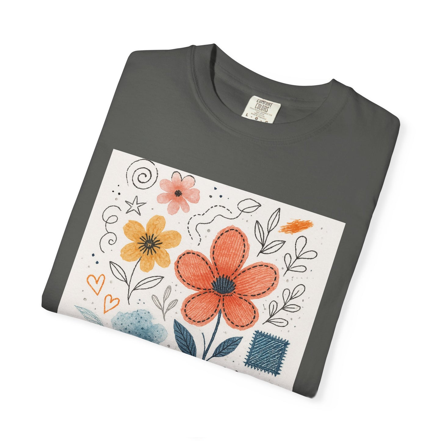 Hand-drawn Watercolor Floral Doodles T-shirt | Linocut & Embroidery Texture