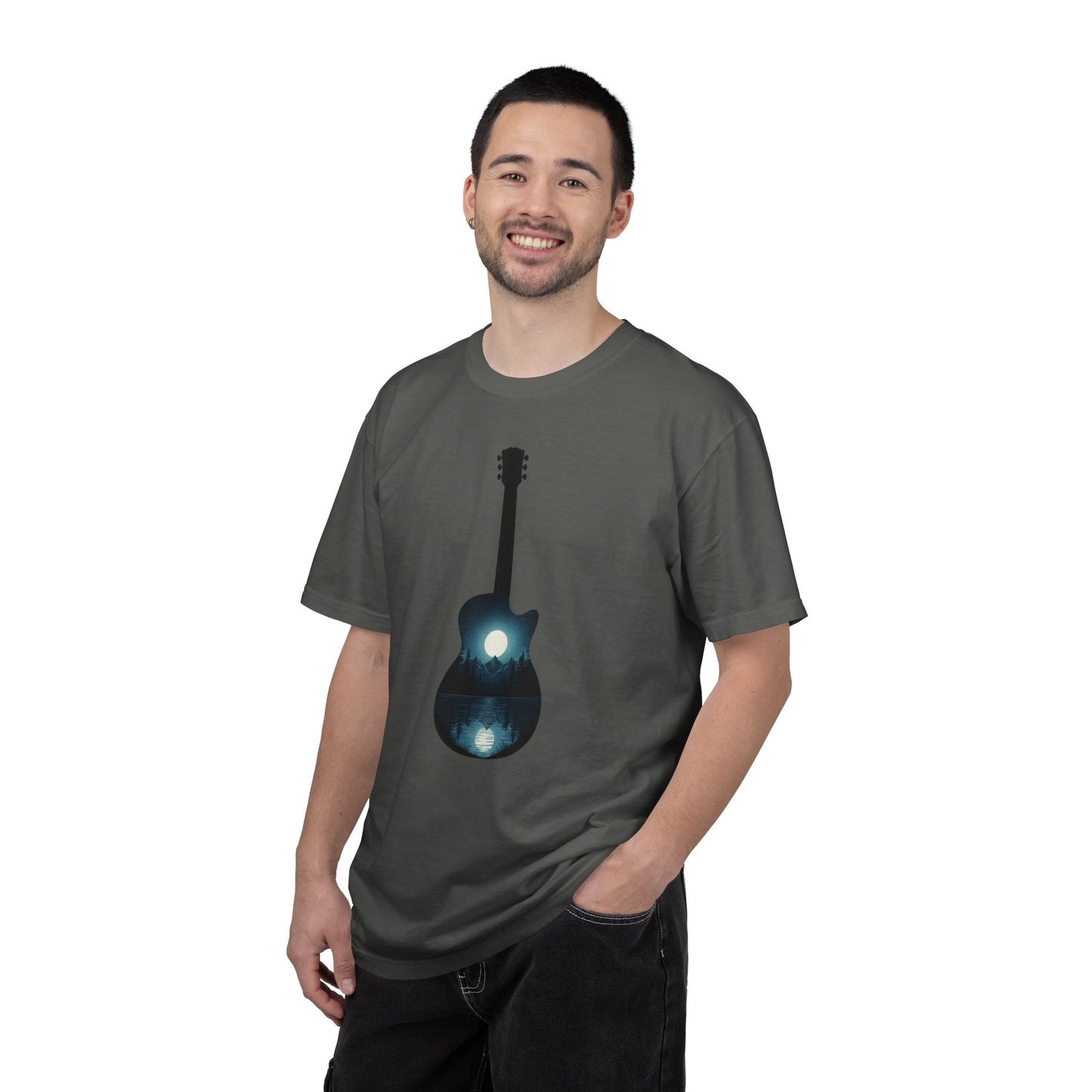 Moonlit Acoustic Guitar T-Shirt | Night Sky Guitar Silhouette