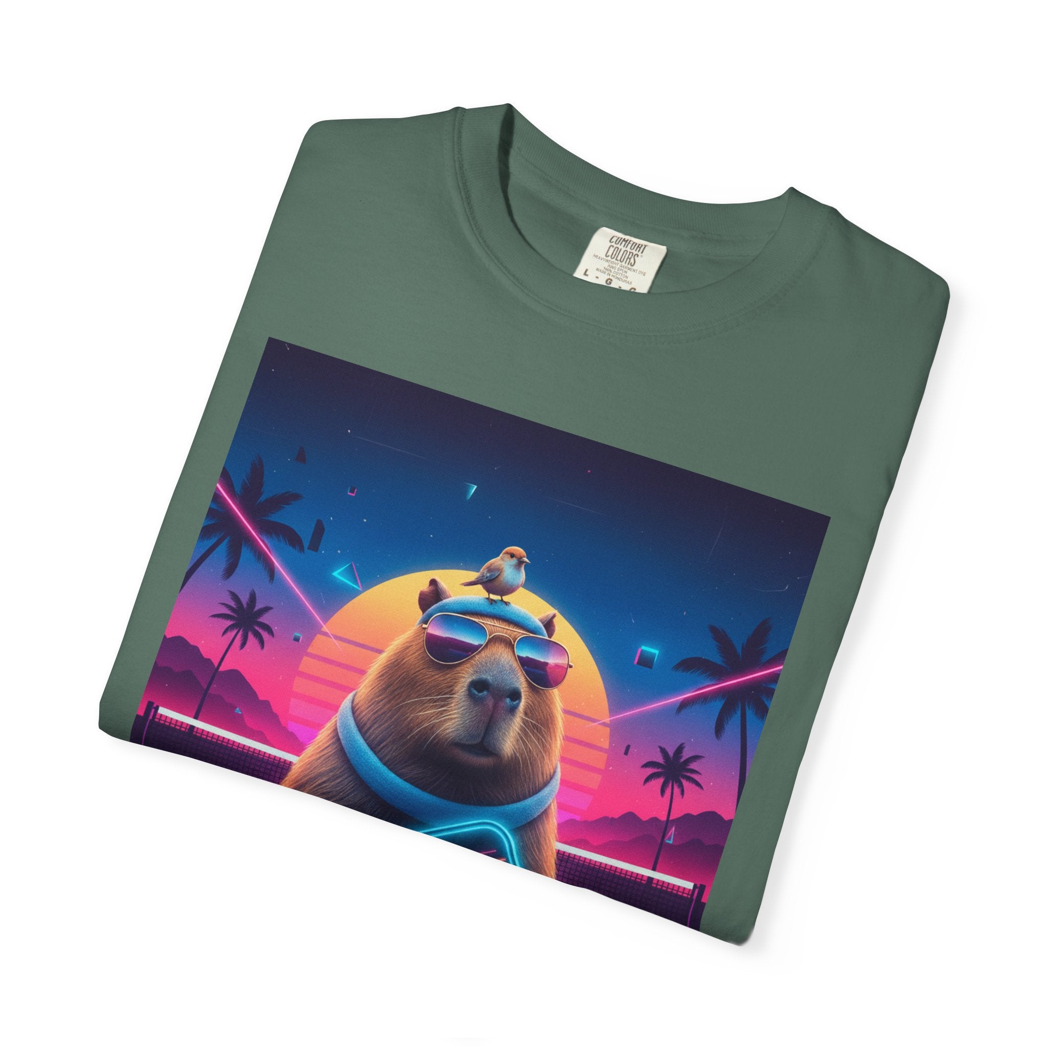 Retro Vaporwave Capybara with Sunglasses T-shirt | Neon Sunset Palm Trees