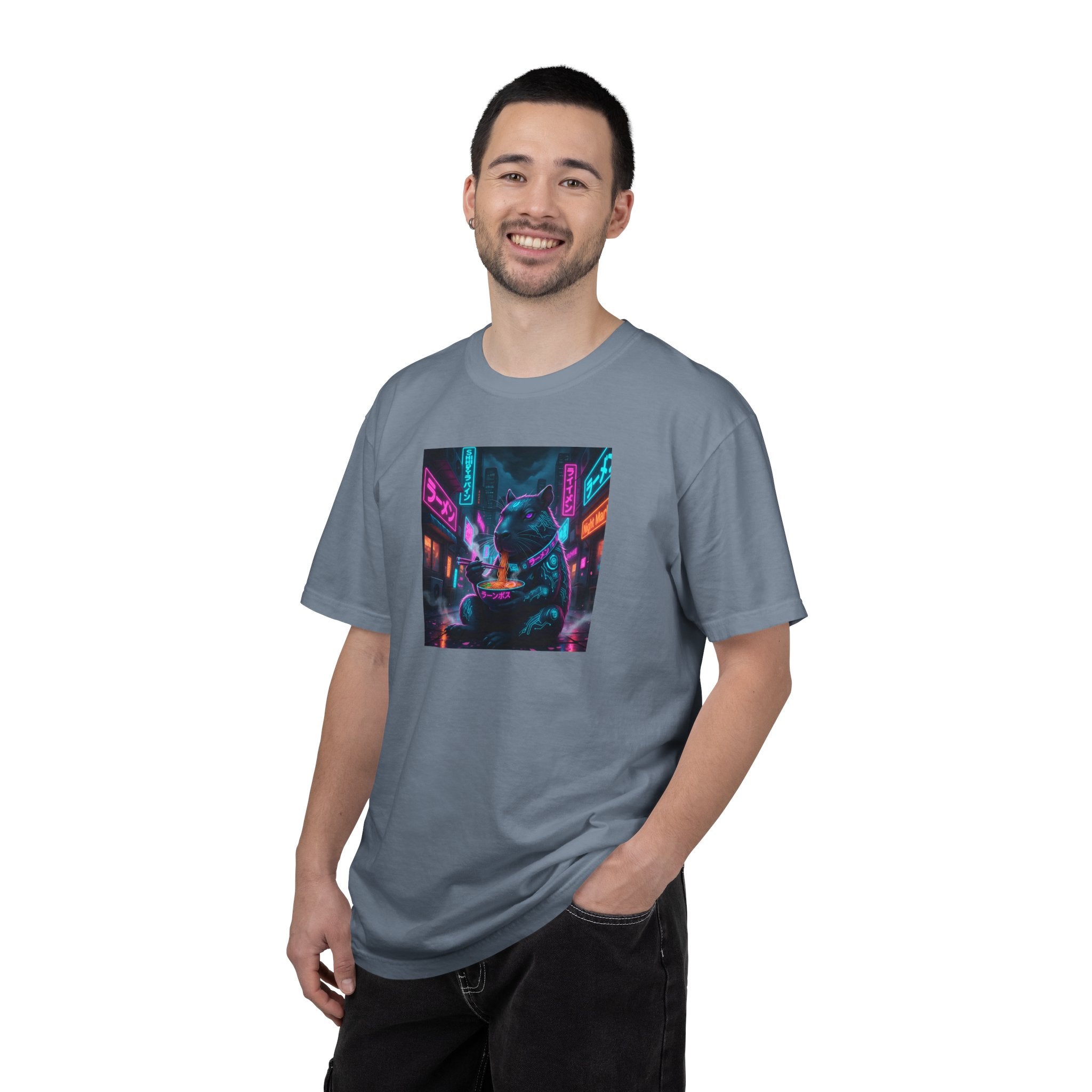 Neon Cyberpunk Capybara Cityscape T-Shirt | Futuristic Night Street Art
