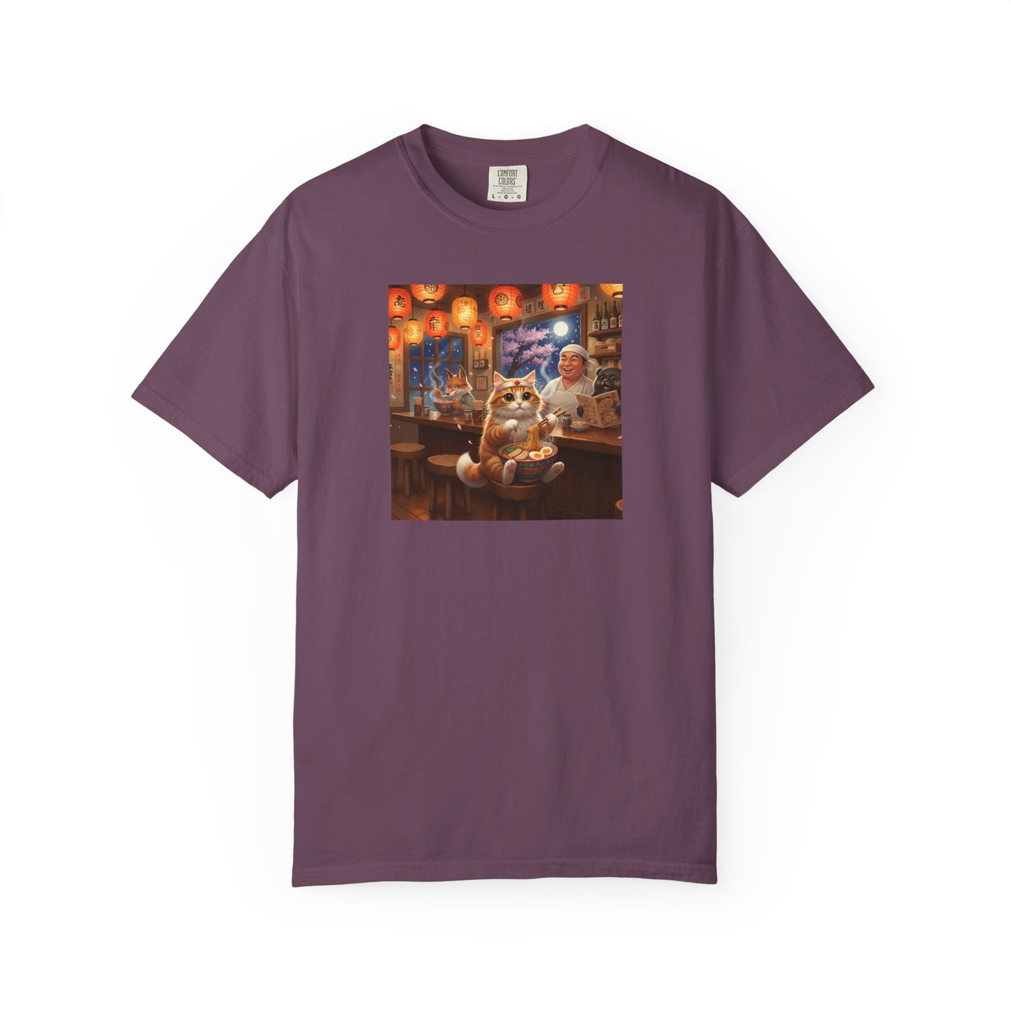 Whiskers and the Wondrous Noodles Cat Bar Ramen Scene T-shirt | Cozy Pub Cat Illustration