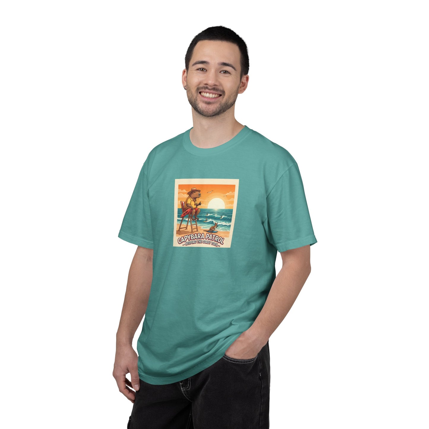 Capybara Patrol Sunset Surfing Capybara T-Shirt | Retro Beach Vibes