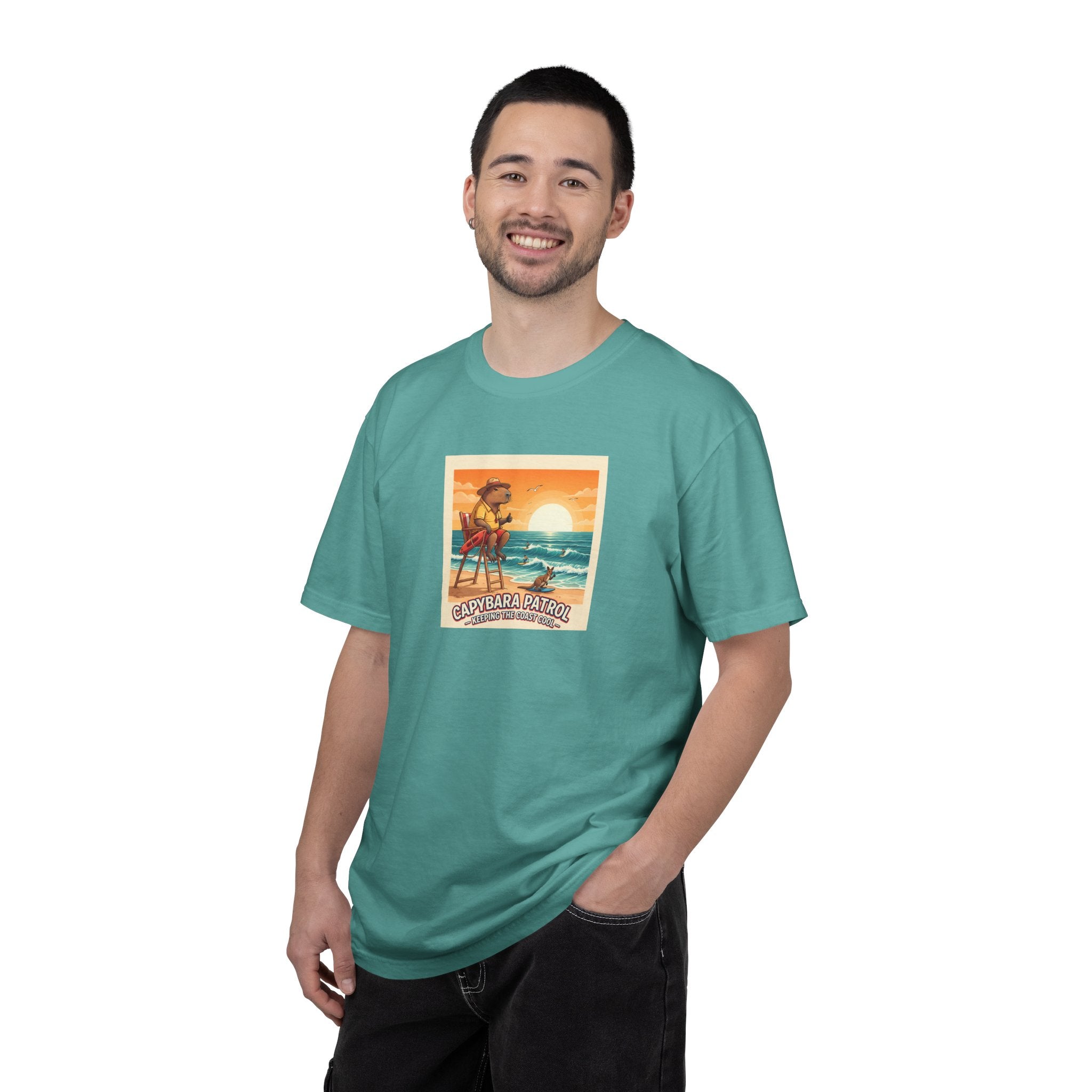 Capybara Patrol Sunset Surfing Capybara T-Shirt | Retro Beach Vibes