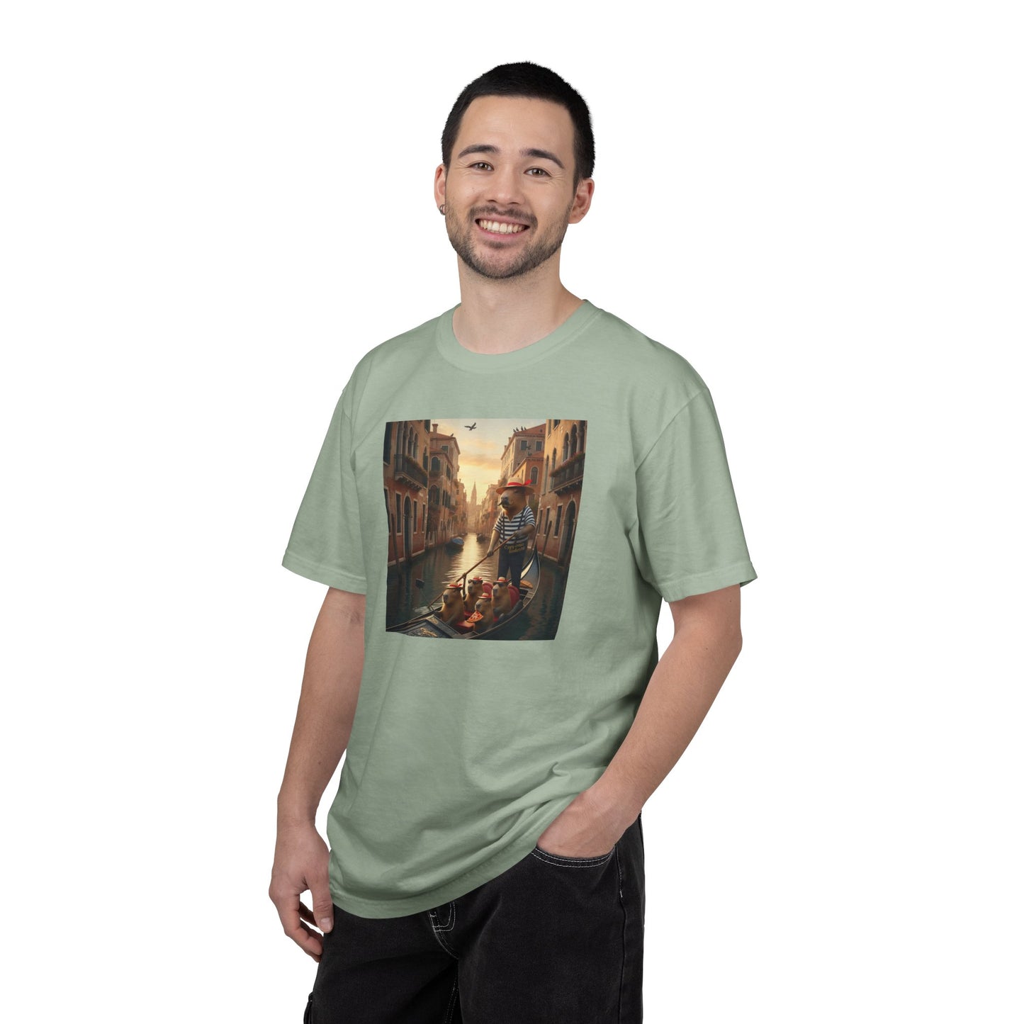 Capybara Venice Gondola Sunset T-shirt | Scenic Canal Travel Art